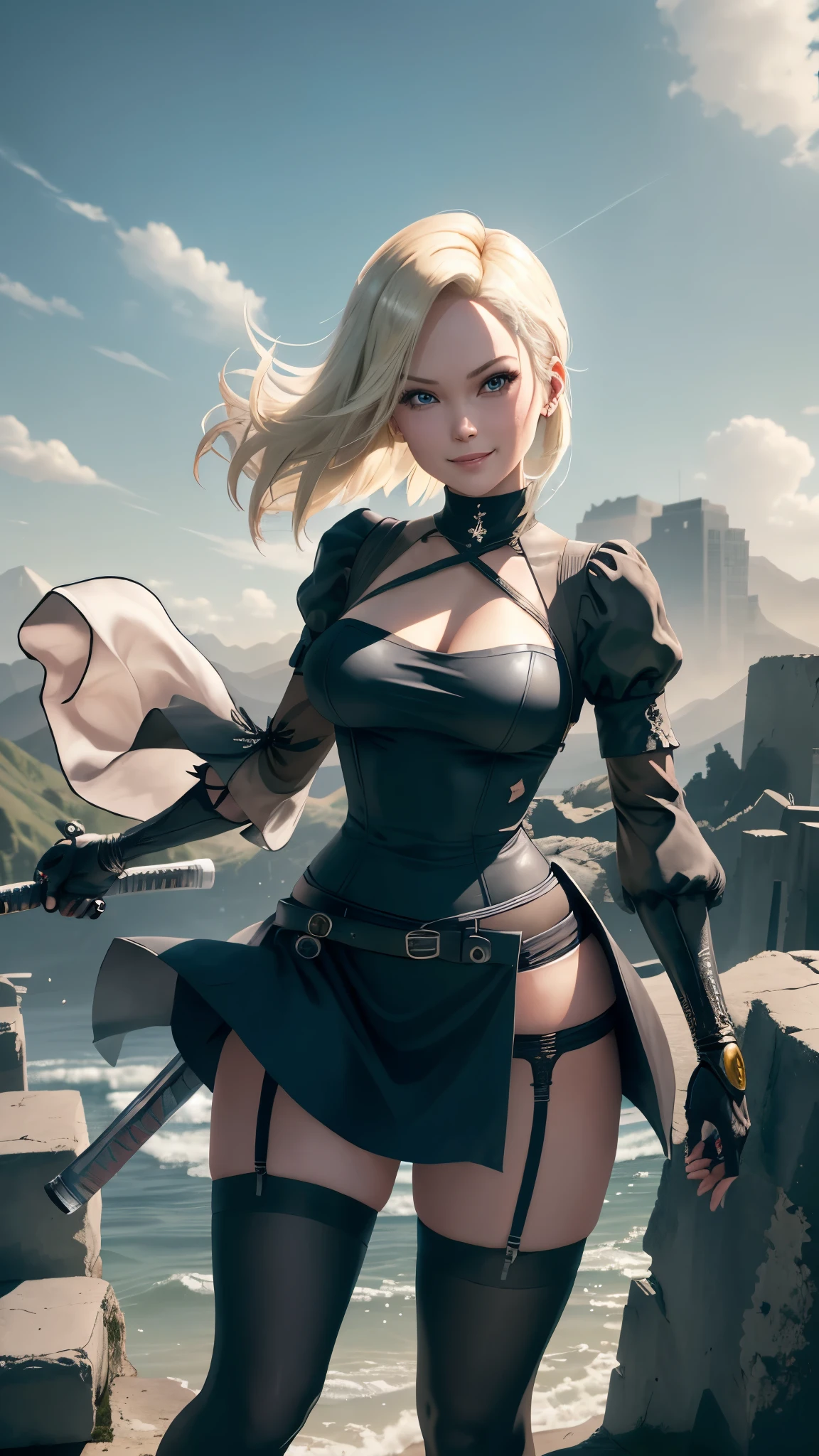 best quality, highres, and18, 1girl, android 18, solo girl, 1girl, blonde hair, blue eyes, nier automata, gothic-style short dress with a flared skirt, long puffy sleeves, white leotard, embroidery on the hem of skirt, black thigh high heels, black stockings, medium breasts, cowboy shot, mountains, straight-on, (weather: windy), wet body, sexy smile, combat stance, garter belt, battle ruins, wide hips, thick legs, long katana sword,