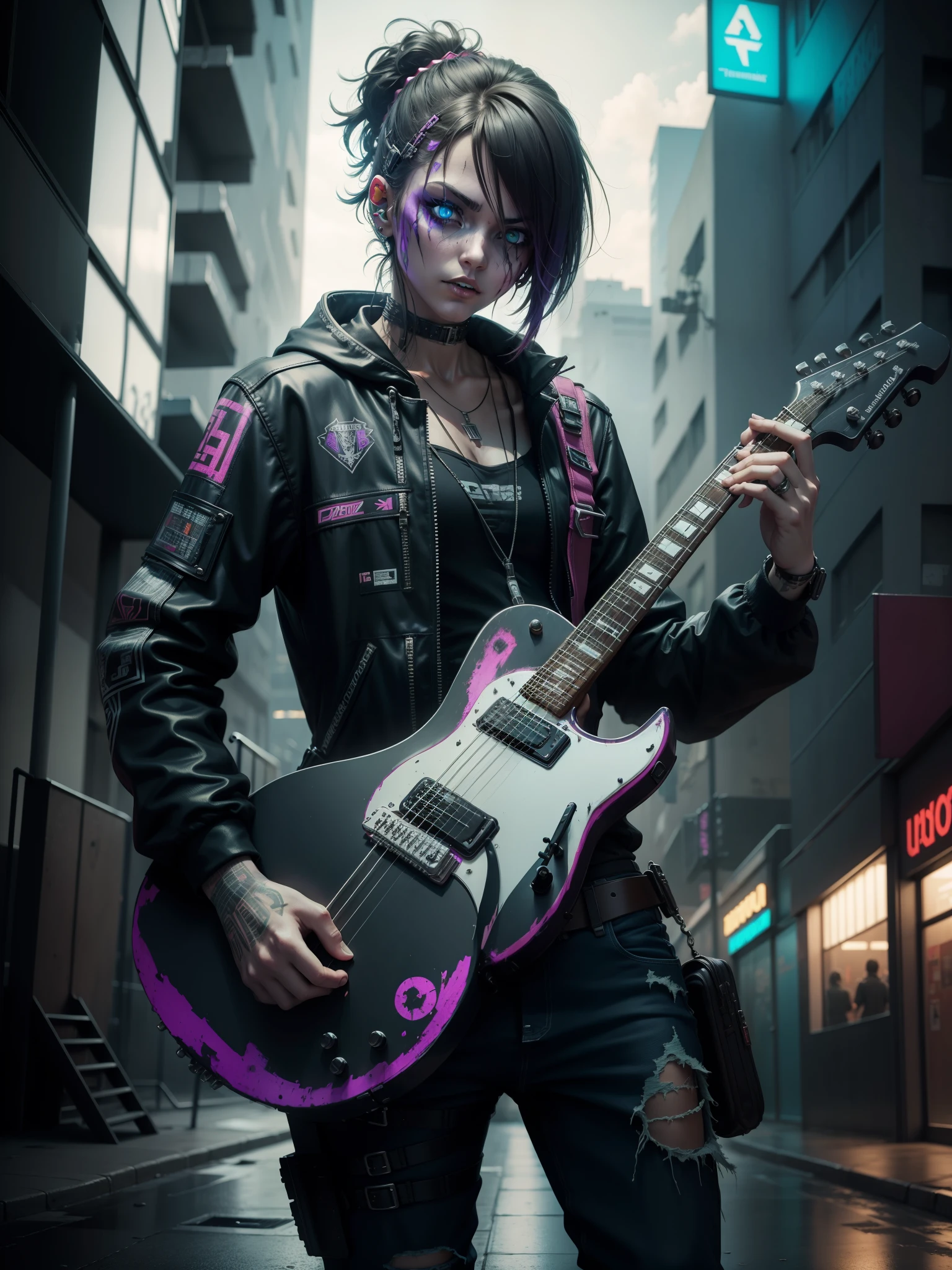 una guitarra de estilo cyberpunk tocada por un zombie en una ciudad destruida