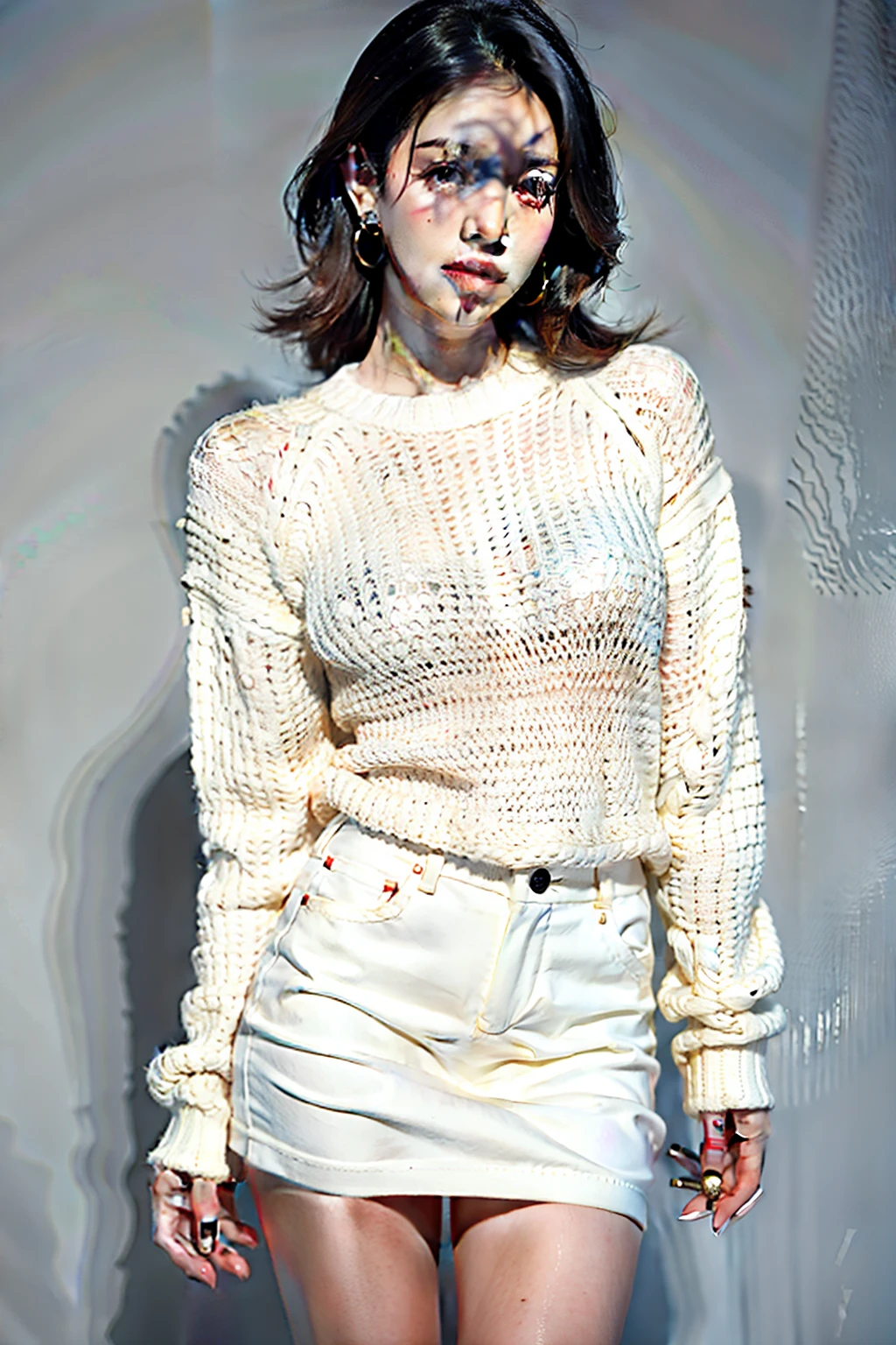 1 chica,sweater,Fondo blanco, minifalda corta muy sexy, se ven sus bragas