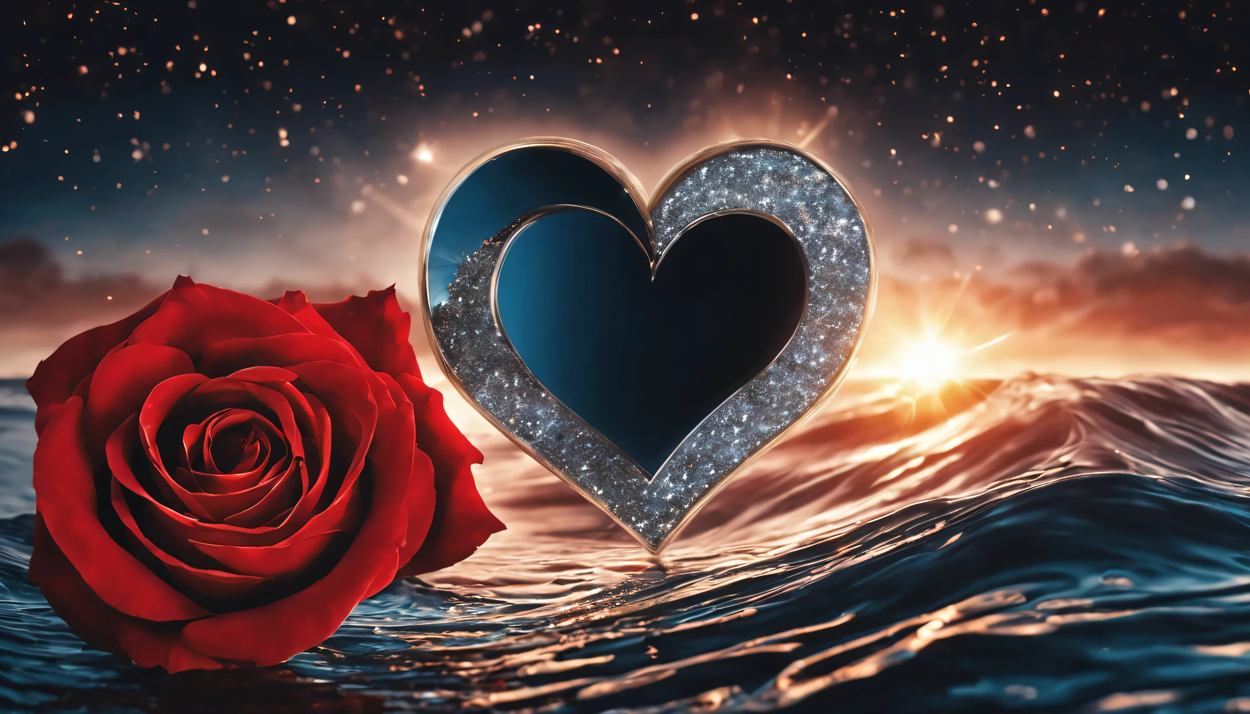 raw photo, a matte red heart with white speckles and glares at the sun, большое сandмметрandчное Heart над голубым океаном,and behind the sky with Jupiter and various other planets,Heart, rocking over the ocean wave,Четкandй фокус, High quality, 8K Ultra HD, Высокandй контраст,(((Яркandе моменты)) a large fantastic and symmetrical metal heart) серебрandстое Heart светandтся от того, что светandт солнце, and "and (((silver dust flies and glitters on a black background)))((and red roses)), Юкand Сакура, высокая деталandзацandя, saturation,
