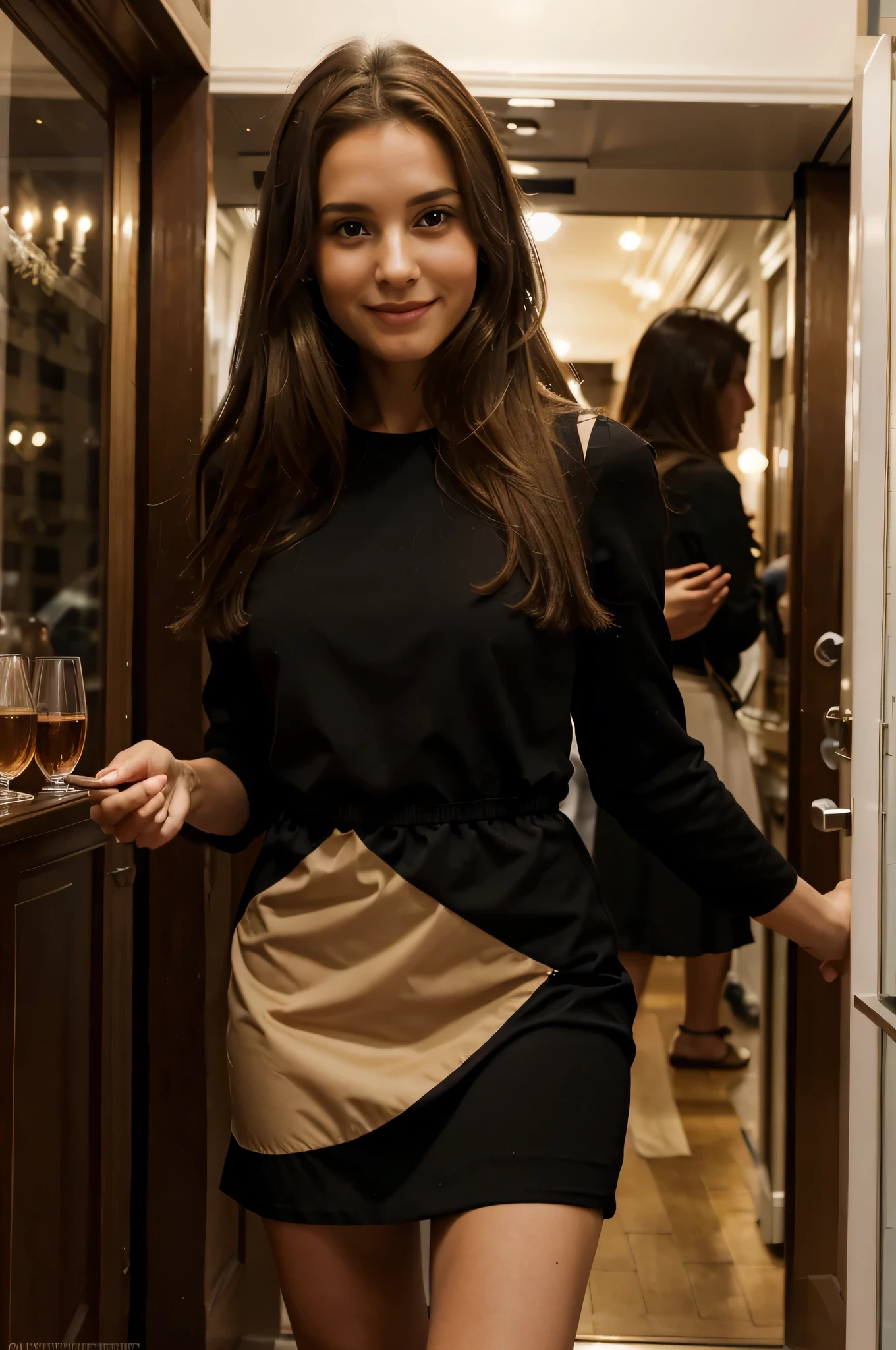 femme, Longs cheveux châtain clair, joyeux et très élégant, robe noire de luxe sortant du restaurant du Clarence à Paris