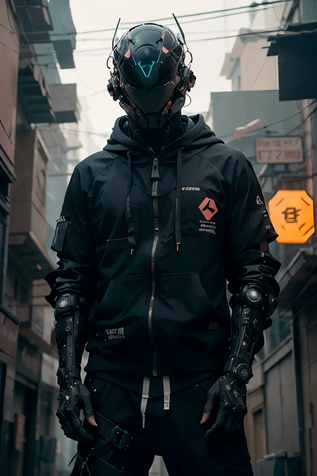 (Obra maestra, plano de cuerpo completo, Intricate raw photography)Ciudadano cyberpunk, Oversized extra asymmetrical black hooded sweatshirt, pantalones cargo negros, ropa negra, oscura, guantes tacticos, el lleva puesto un cyberhelmet futurista color negro de alta tecnologia, brillante, algo parecido a daftpunk,  muy intrincado, Small LED details, Advanced technology closed helmet, ambiente oscuro, dramatic, luz y sombra, ((cinematic, black neon,))  action film, nitidez, neon-noir ciudad moderna, neon street lights, calle oscura, noche, foto de Insta, Photo of the Year, Epic resolution, Epic Quality, Epic sharpness, Intrincada epopeya, tech-wear,Reelmech