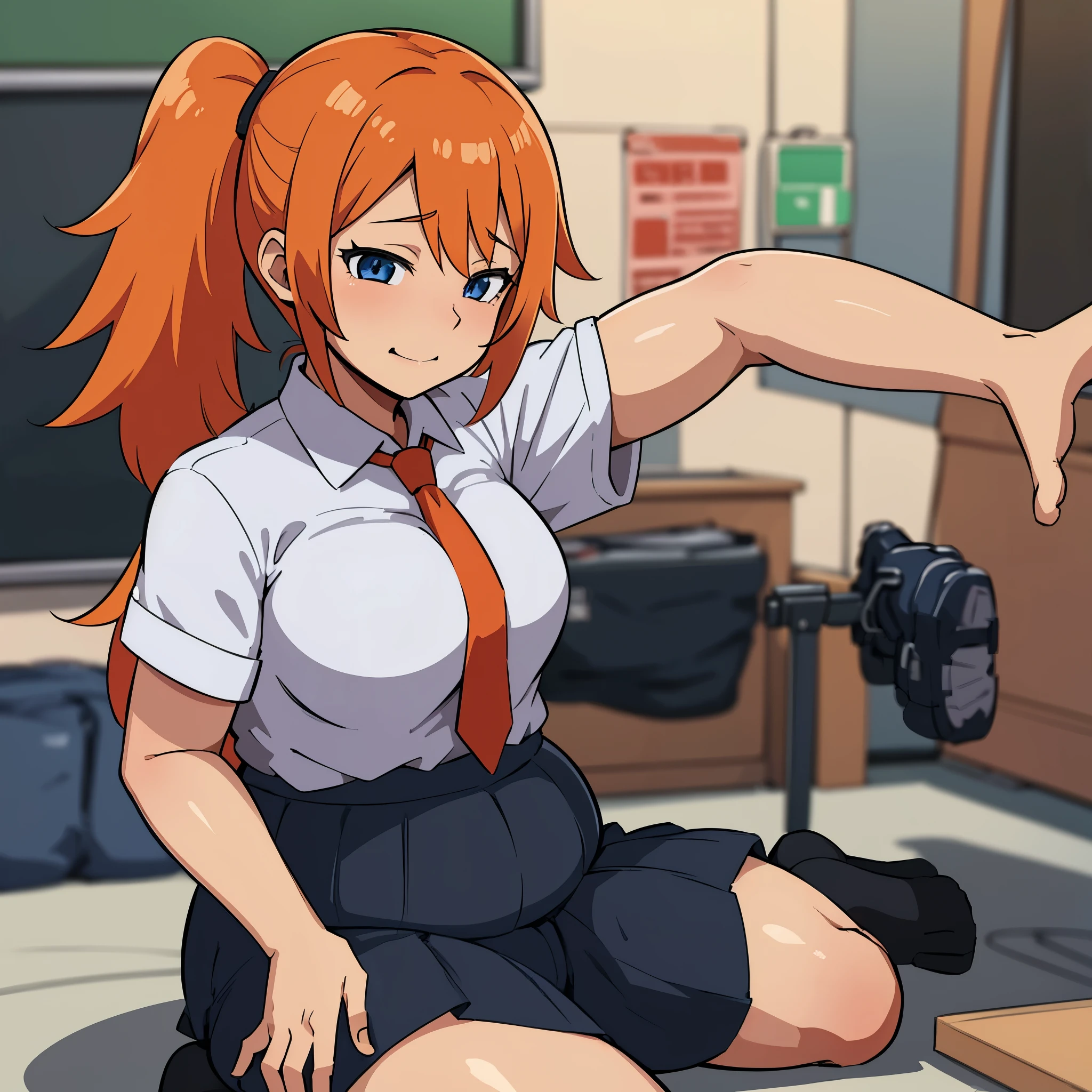 NSFW anime style image of a girl with very short orange hair wearing a very tight  uniform, has pierced ears and a Mohawk cut and is in a classroom 