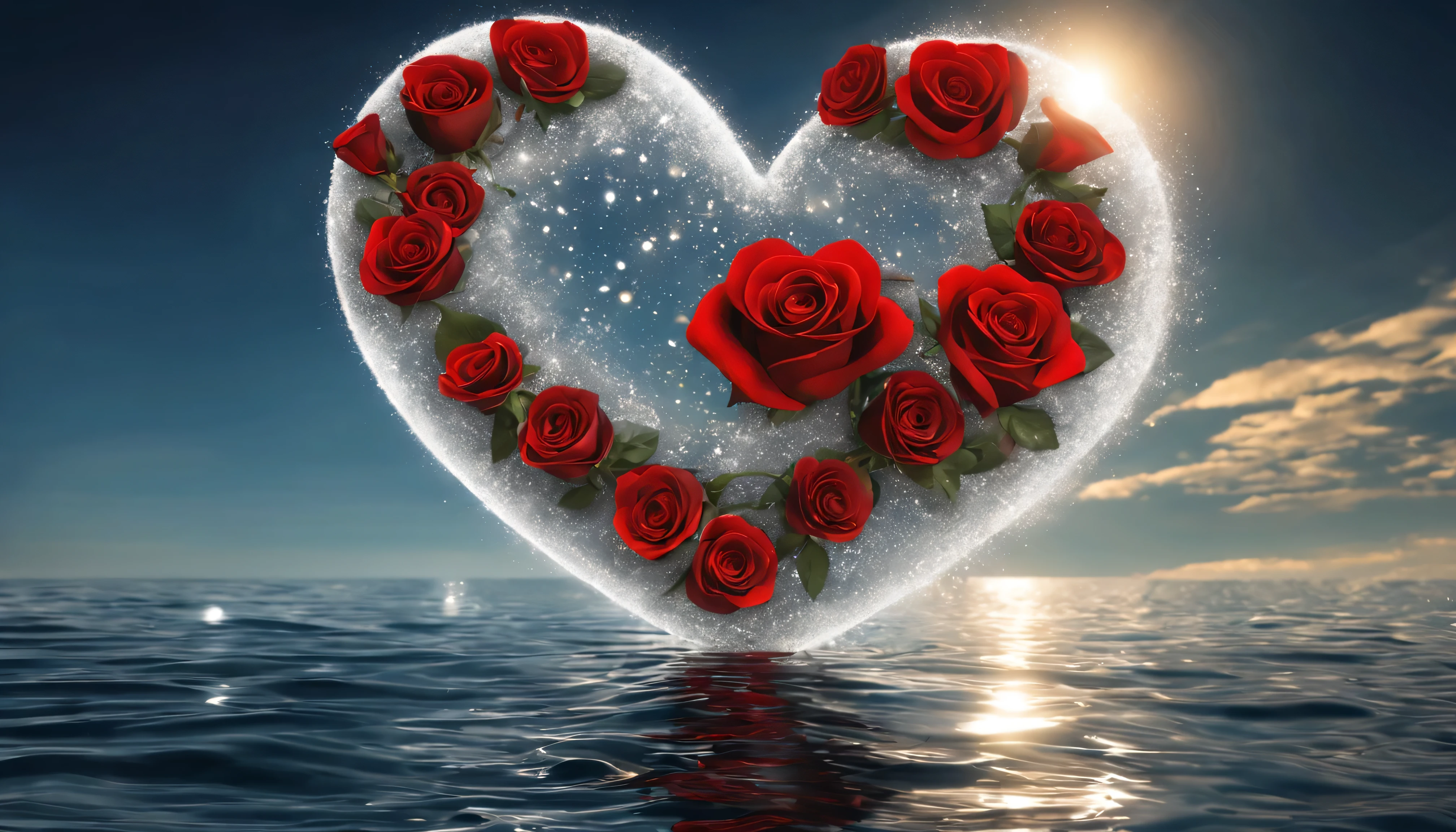 raw photo, a matte red heart with white speckles and glares at the sun, большое сandмметрandчное Heart над голубым океаном,and behind the sky with Jupiter and various other planets,Heart, rocking over the ocean wave,Четкandй фокус, High quality, 8K Ultra HD, Высокandй контраст,(((Яркandе моменты)) a large fantastic and symmetrical metal heart) серебрandстое Heart светandтся от того, что светandт солнце, and "and (((silver dust flies and glitters on a black background)))((and red roses)), Юкand Сакура, высокая деталandзацandя, saturation,