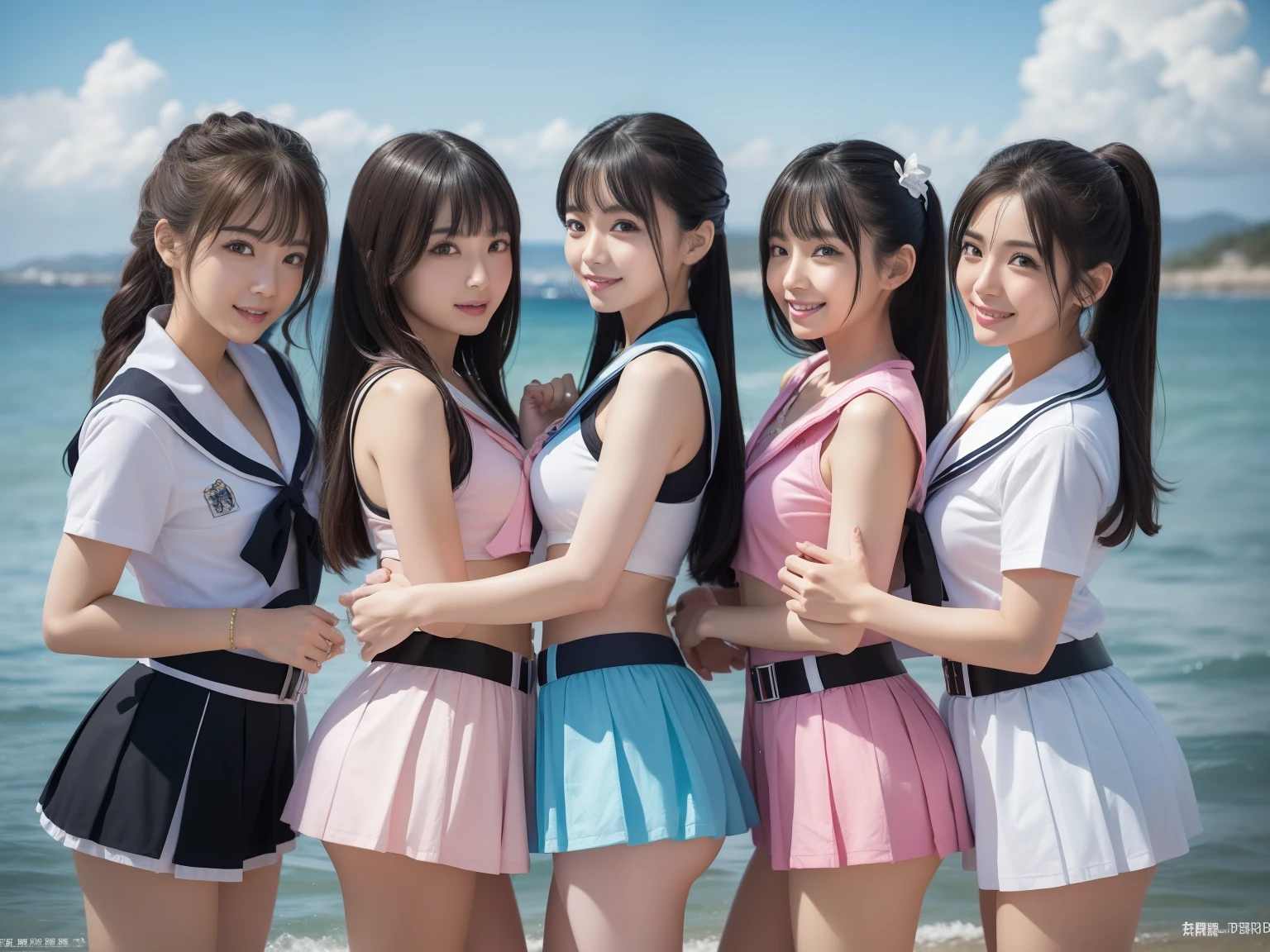 Outrageous resolution、hight resolution、(​masterpiece:1.4)、ultra-detailliert、Crisp details、Dramatic and photorealistic pictorial art、Super Sentai Series、All women、All wearing sailor uniforms、white colors、pink there、cyan colors、Gray color、Fivesome）Righteous heroes、Everyone smiles、