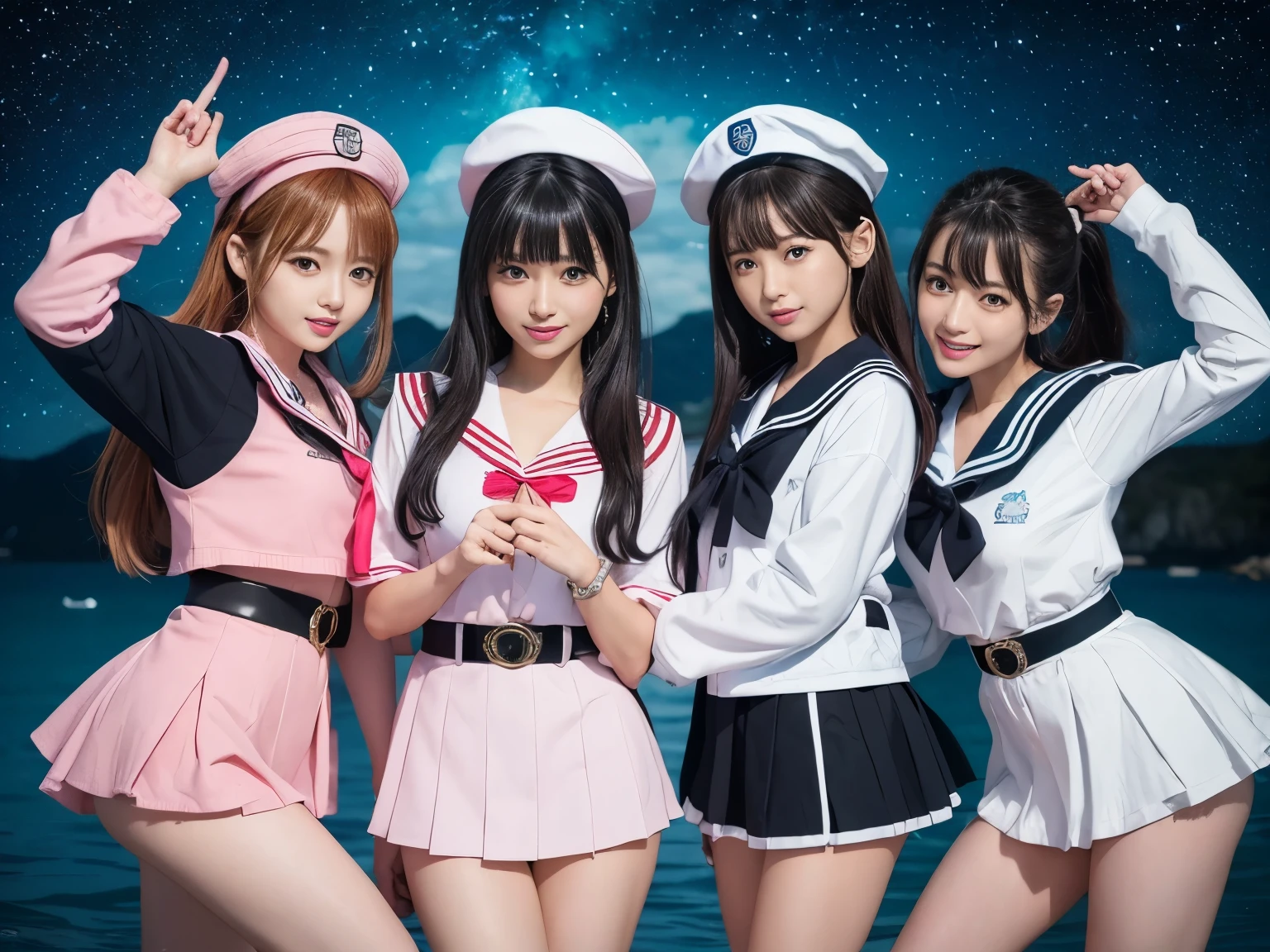 outrageous solution、High resolution、(masterpiece:1.4)、super detailed、vivid details、Dramatic and photorealistic painting art、super sentai series、all women、All in sailor suits(black、white color、there's pink there、cyan color、grey、fivesome)hero of justice、Everyone smiles、