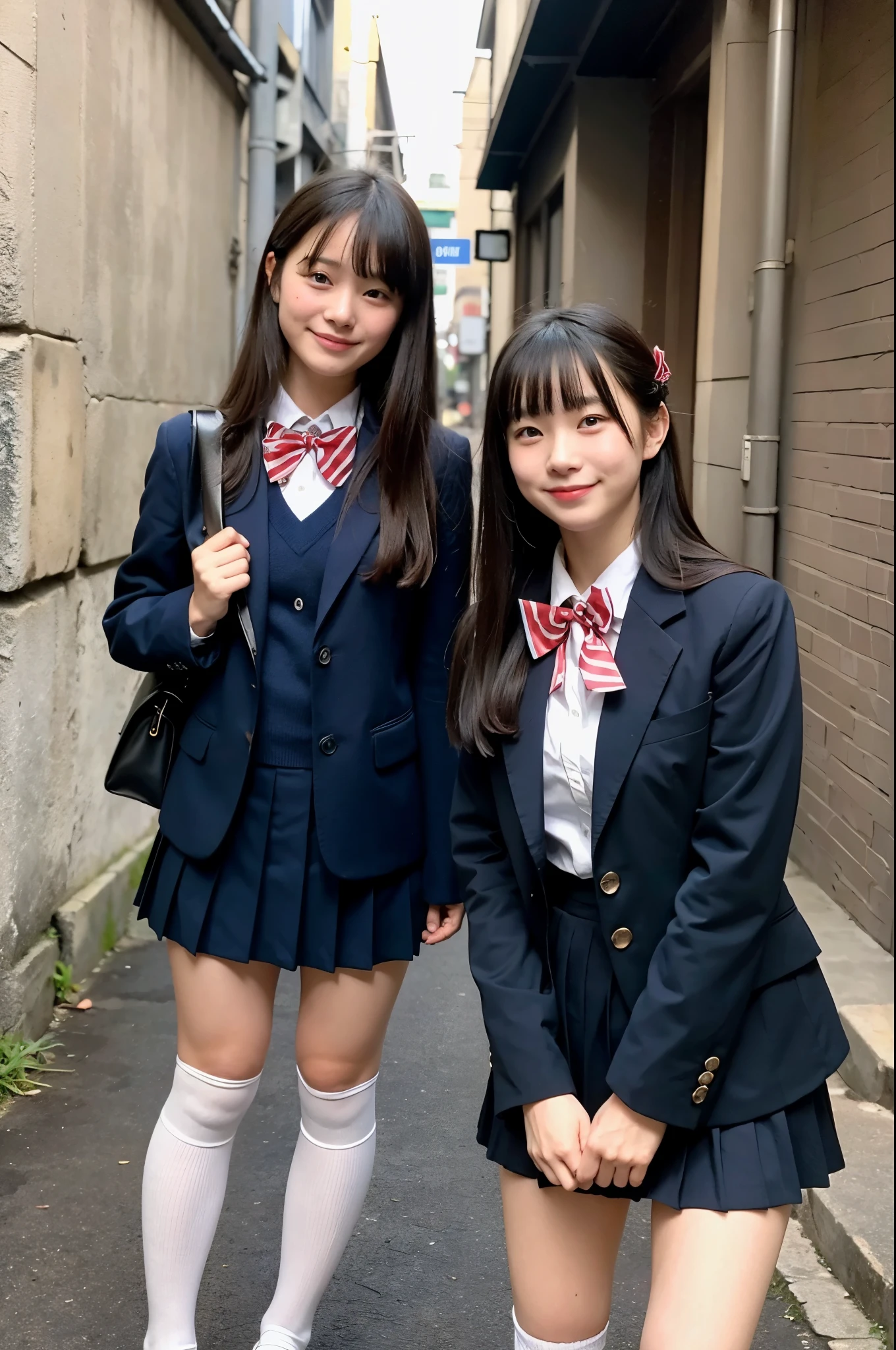 2 girls standing in old-Japanese street,navy blue blazer,white shirt with red bow tie,navy blue pleated skirt,navy blue knee-high socks,school bag,18-year-old,bangs,a little smile,thighs,knees,straight hair with barrette,from below,front-light