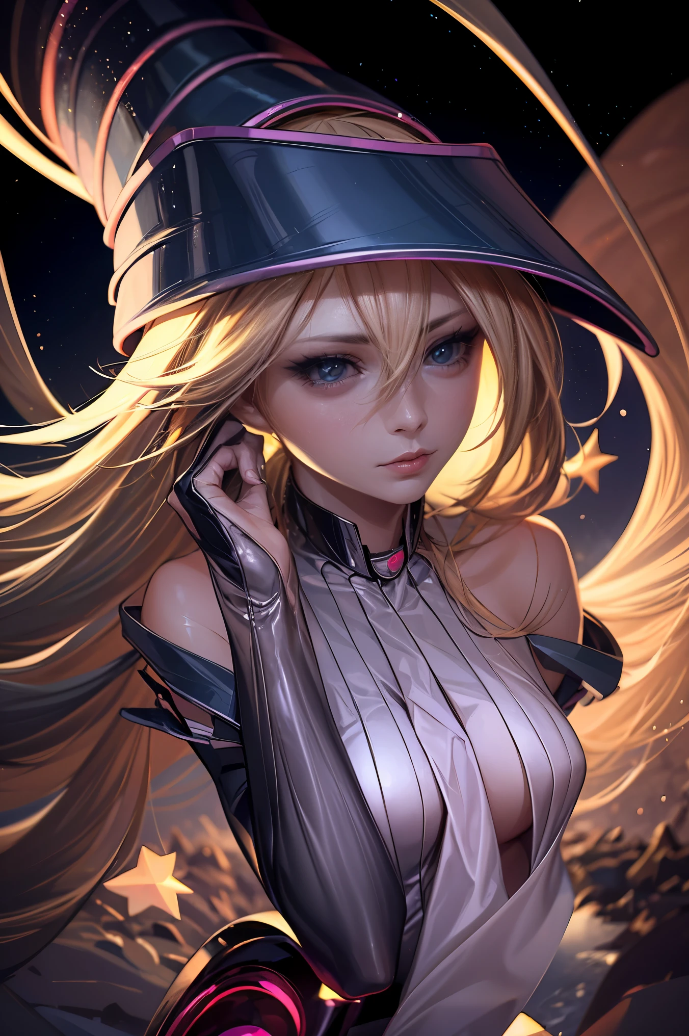 Dark magician gils as gatubela. Cabello rubio. Ojos azules. Labios rojos. Raje de cuero negro. Fondo de edificios altos a media noche de  luna y estrellas 