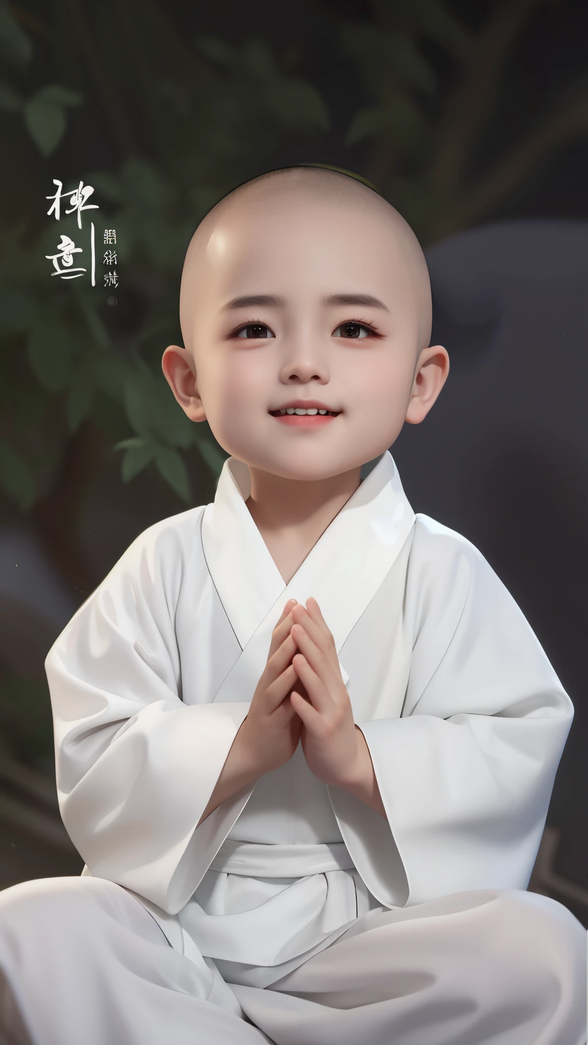 Asian bald little monk in white clothes sits on a rock, young angel, adorable digital painting, Yan Juncheng, Beautiful Ruan Jia!, Jan, dressed as a nun, He is giving you a warm welcome, Dressed in white robes, Cute and lovely Korean face, Kai Xukun, serene smile, White Taoist robes, wearing a long white toga, innocent smile
