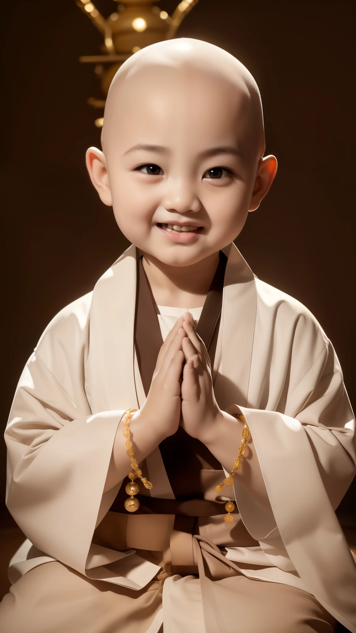 5 year old monk,bald head,human,Round head,chubby, soft and fair face,With big, attractive eyes,double eyelid,thick eyebrows,high nose,Lips with a beautiful smile,wearing a white cassock,fold buddha beads and hands together,face,sitting cross-legged in a bamboo forest,k hd,normal hand