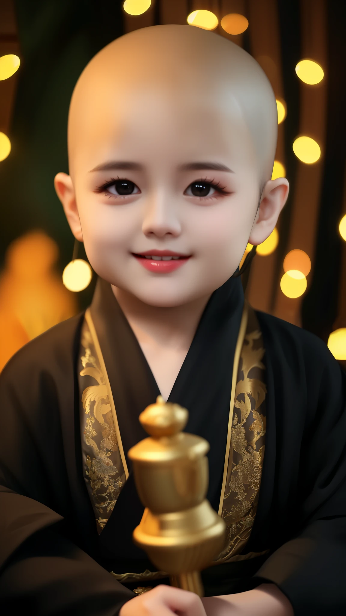 Bald head and black gown,Please ring the bell for baby Arapi., Dark robes,Gold Accent, portrait photography, adorable digital painting, wearing a long black gown, cute portrait, high quality portrait, Robes with golden letters, Wearing a black robe, cute boy, young , traditional chinese dress, wearing golden robes, detailed portrait, chinese costume