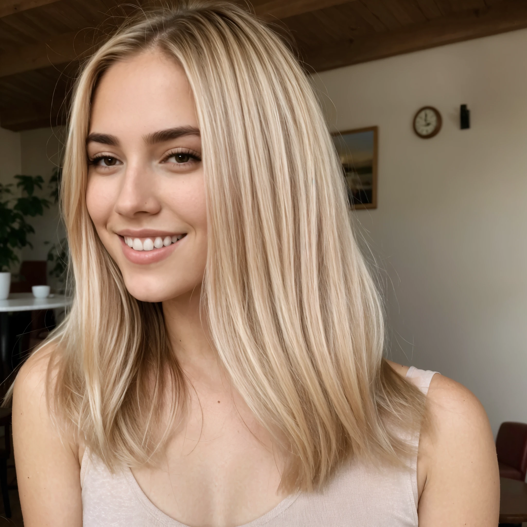 A 23-year-old blonde woman, ((pechos grandes)), ((hiperrealismo)) ,. Caffe, blonde hair with light brown roots. cabello rubio, Hair with brown roots, cabello extra largo, cabello muy largo, really long hair, Beautiful, Front view, photo taken with HD camera, elegant pink blouse, cafe scene, warm wood ambience, sunny day, HD photo, high quality, HD, huge breasts, shy smile, ultraHD