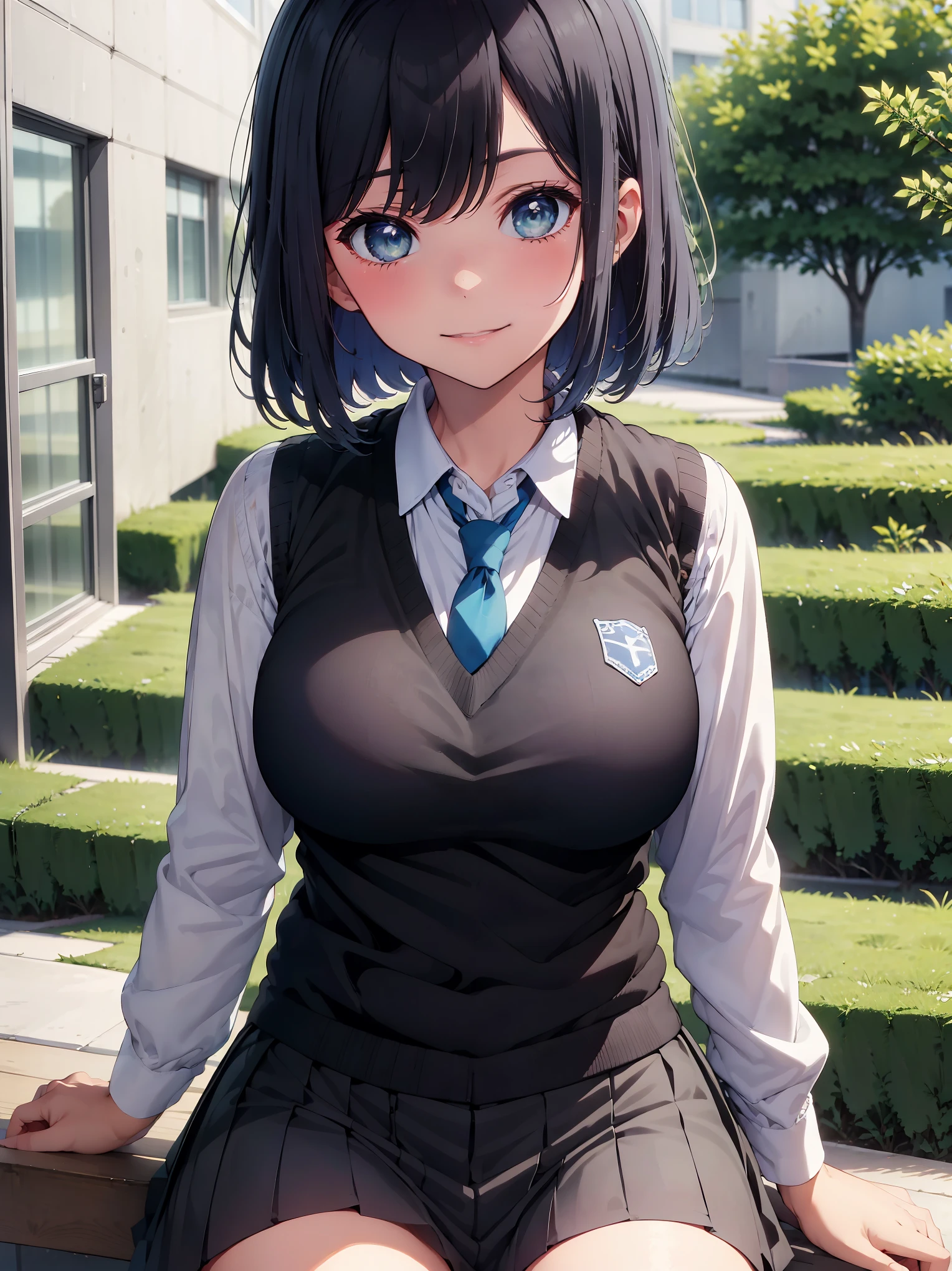 (masterpiece, highest quality:1.2), 1 girl, alone, Akane Kurokawa, 1 girl, dark blue hair, medium hair, one length bob, Added bangs to add brightness to the face, Hair ends remain thick overall. , blue eyes, green eyes, school uniform, white shirt, collared shirt, vest, white shirt, sweater vest, black vest, blue tie, gray pleated skirt, smile, In a field of colorful flowers