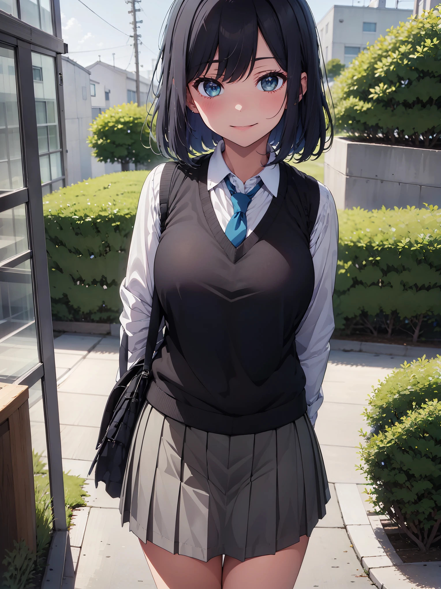 (masterpiece, highest quality:1.2), 1 girl, alone, Akane Kurokawa, 1 girl, dark blue hair, medium hair, one length bob, Added bangs to add brightness to the face, Hair ends remain thick overall. , blue eyes, green eyes, school uniform, white shirt, collared shirt, vest, white shirt, sweater vest, black vest, blue tie, gray pleated skirt, smile, In a field of colorful flowers