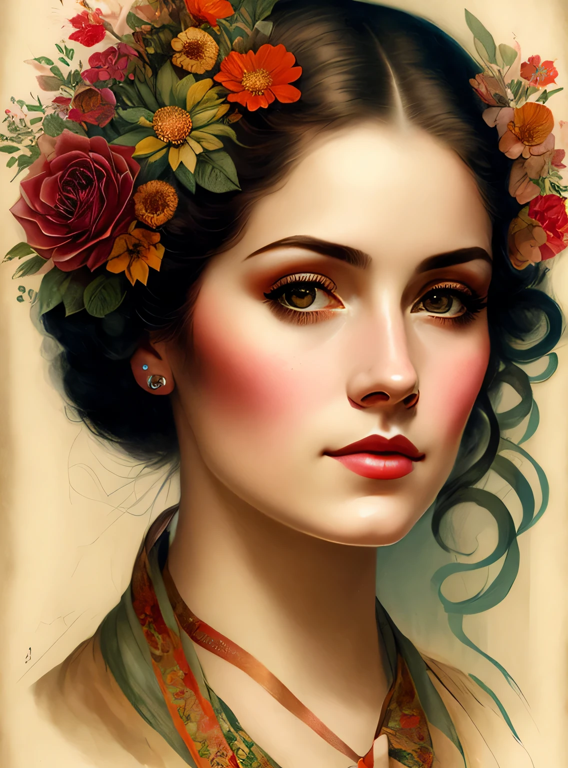 Charlie Bowater Realistic Lithography Sketch Portrait of a Woman, Flores, [engrenagens], tubos, dieselpunk, fitas multicoloridas, textura de papel velho, altamente detalhado