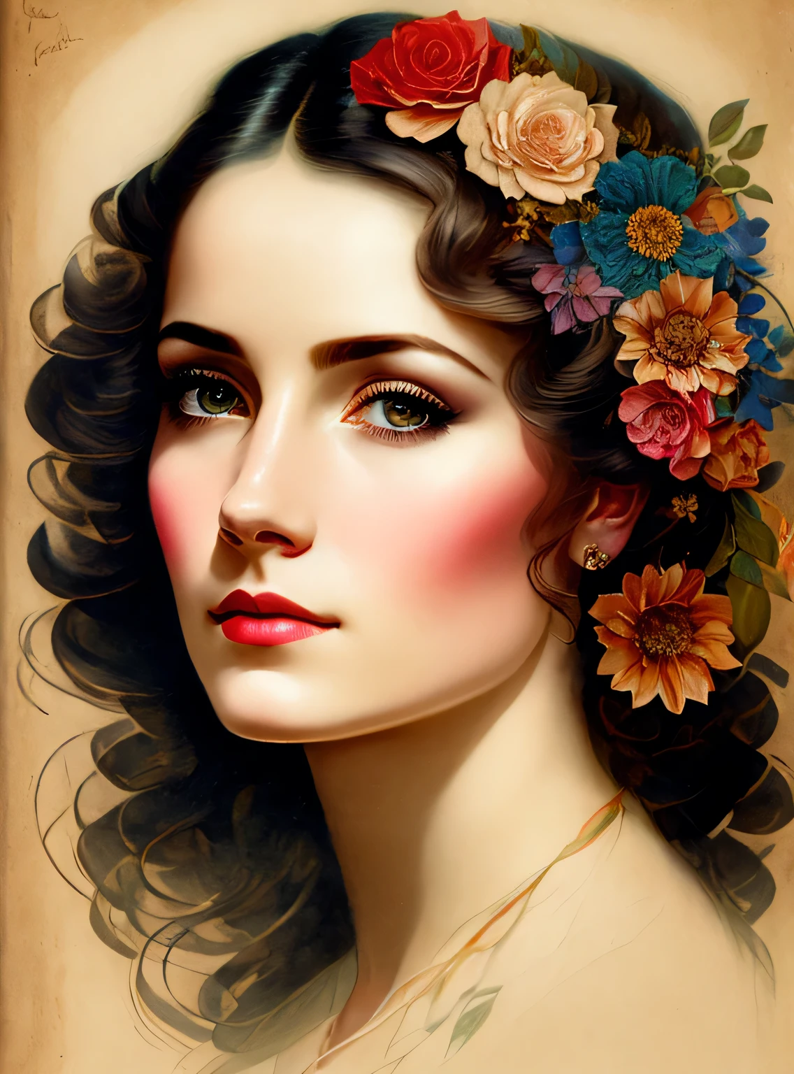 Charlie Bowater Realistic Lithography Sketch Portrait of a Woman, Flores, [engrenagens], tubos, dieselpunk, fitas multicoloridas, textura de papel velho, altamente detalhado