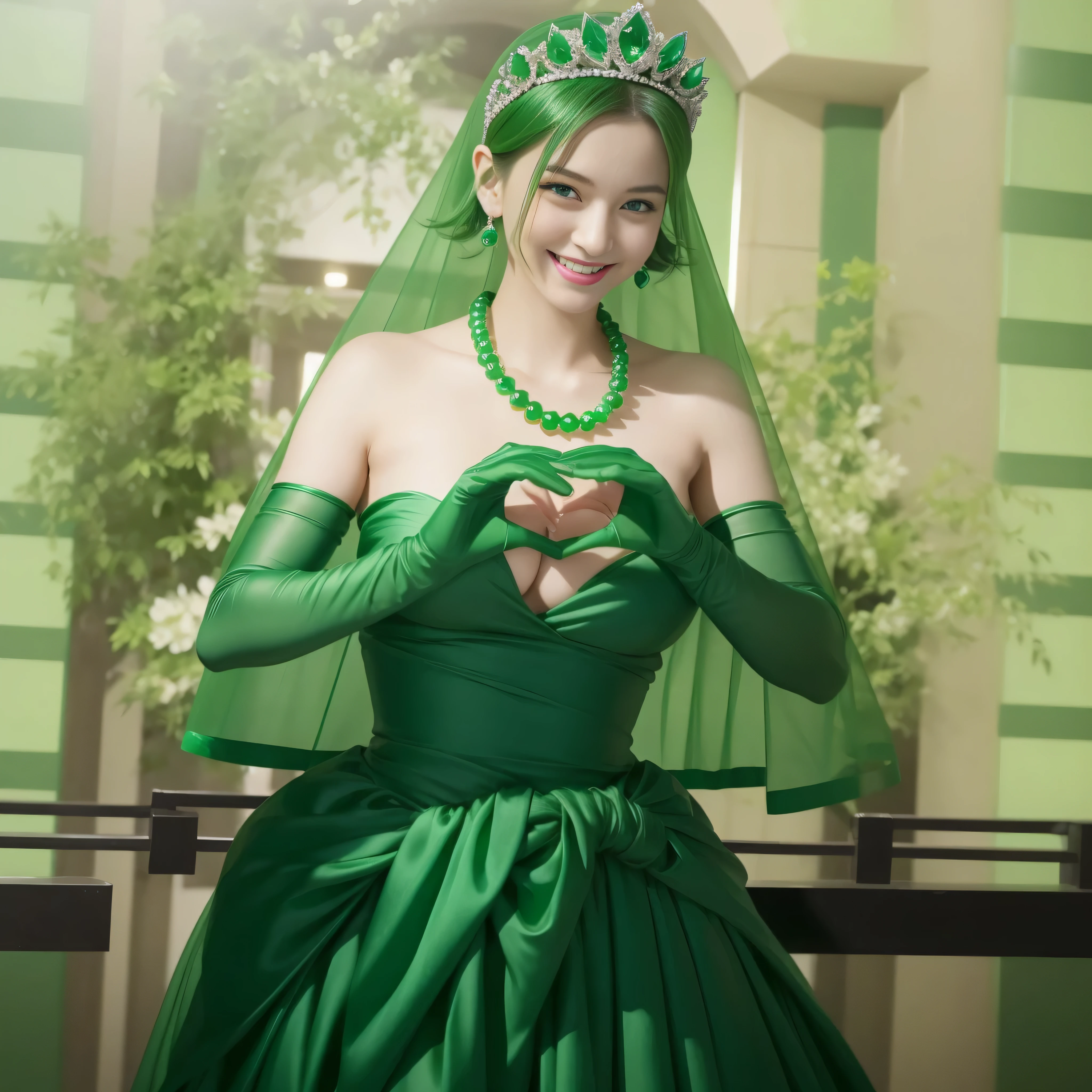 emerald tiara, green pearl necklace, boyish very short green hair, lipstick, smiling Japanese woman, very short hair, big breasts beautiful, green eyes, Long Green Satin Gloves, green eyes, V sign, emerald earrings, green veil, green lip gloss