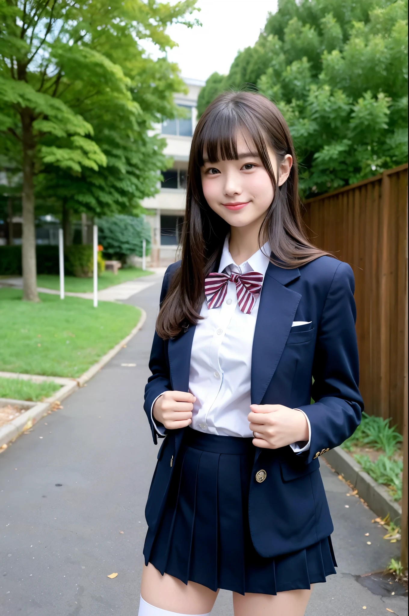 girls standing in school yard,navy blue blazer,white shirt with red bow tie,navy blue pleated skirt,navy blue knee-high socks,school bag,18-year-old,bangs,a little smile,thighs,knees,straight hair with barrette,from below,front-light