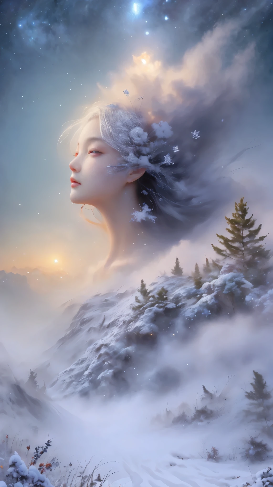 Princess的脸出现在空中,Winter scenery,Surreal wonderland,Dreamy cloud and fairy island,(big snowflake:1.3),五颜六色的big snowflake飞舞着,Princess'The palace is covered with snow,The tree of life blooms with endless vitality,Twinkling stars in the night sky,Overlapping clouds and fog,Whimsical fantasy landscape art, Beautiful Art Ultra HD 8K, 8k highly detailed digital art, Beautiful and detailed fantasy, Epic fantasy landscape, Mysterious and dreamy scenery, Magic fantasy is very detailed, magical scenery, 由big snowflake和梦幻漂浮的仙女岛组成, Detailed fantasy digital art, 8k detailed digital art