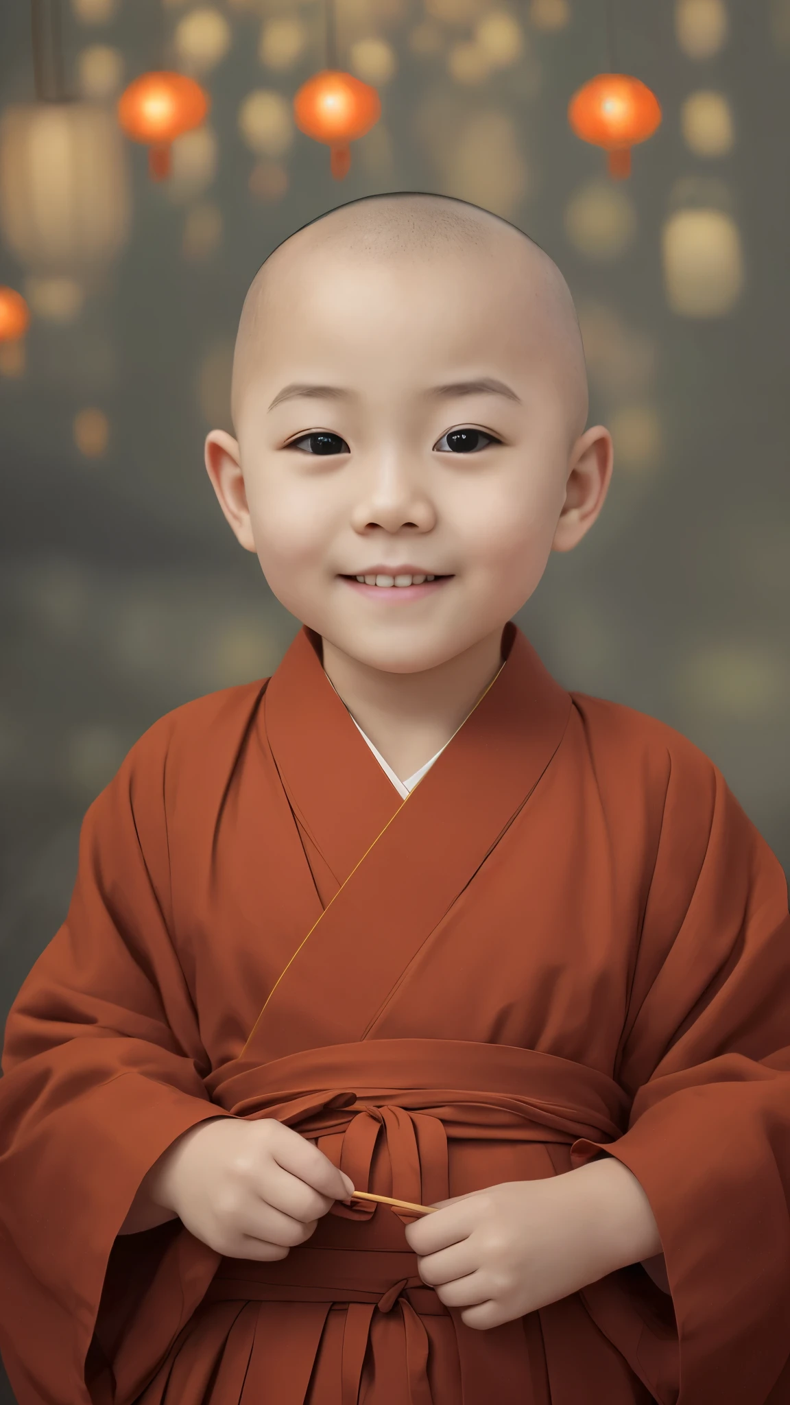 Close up of bald head wearing gown, adorable digital painting, monk clothes, high quality portrait, ancient japanese monk, buddhist monk, portrait of monk, Buddhist, monk, wear a long red gown, cute portrait, portrait photography, 2 1 st century monk, Dressed in simple robes, cute boy, innocent smile, Chinese tradition, Jan, wearing long flowing robes,(((There are many Chinese lanterns in the background.)))