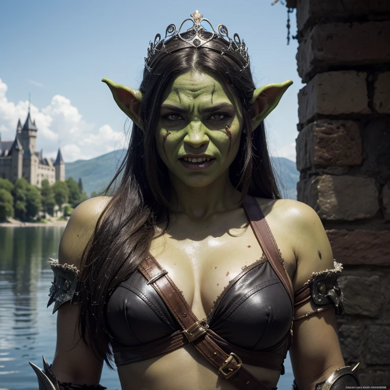 Masterpiece, Best Quality, Official Art, 8k Wallpaper, Very Detailed, Illustration, (orc young queen), dirty skin, Long Hair, Detailed Eyes, sharp fangs, Bare Shoulders, armor, Lake, Pure, Soft Smile, old castle, (deep scar with drops of blood)