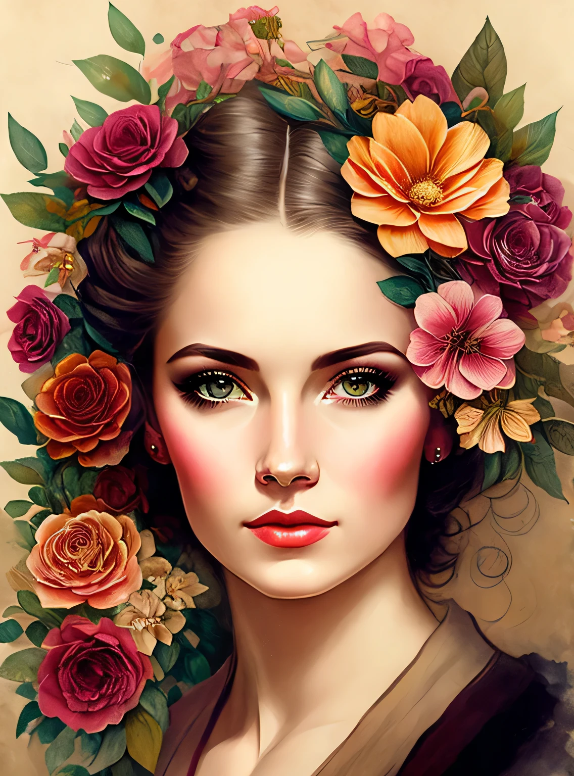 Realistic Lithograph Drawing Portrait of Charlie Bowater, Mulher, Flores, [engrenagem], tubos, dieselpunk, fitas multicoloridas, textura de papel velho, altamente detalhado