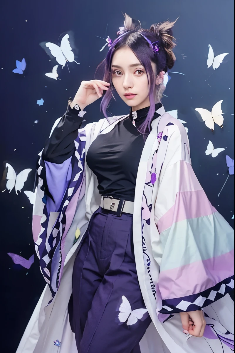 anime girl, black hair with purple highlights at the ends and a purple and green butterfly bun, (purple eyes), dark purple pants up to her shins, dark purple blouse inside the pants, white belt, on top a kind of white kimono with thin stripes , long sleeves with purple border and pink details inside the border. neon butterflies flying around, (Artwork), (best quality).