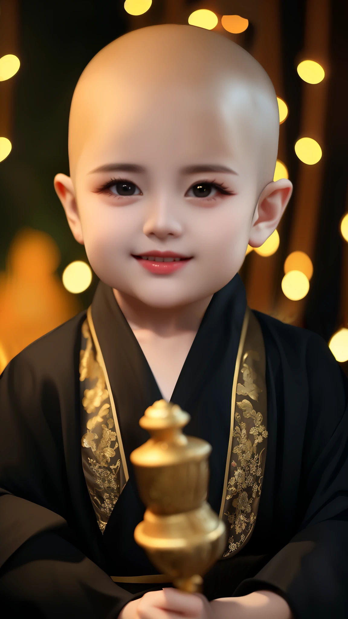 Bald head and black gown,Please ring the bell for Arapi., Dark robes,Gold Accent, portrait photography, adorable digital painting, wearing a long black gown, cute portrait, high quality portrait, Robes with golden letters, Wearing a black robe, cute boy, young , traditional chinese dress, wearing golden robes, detailed portrait, chinese costume