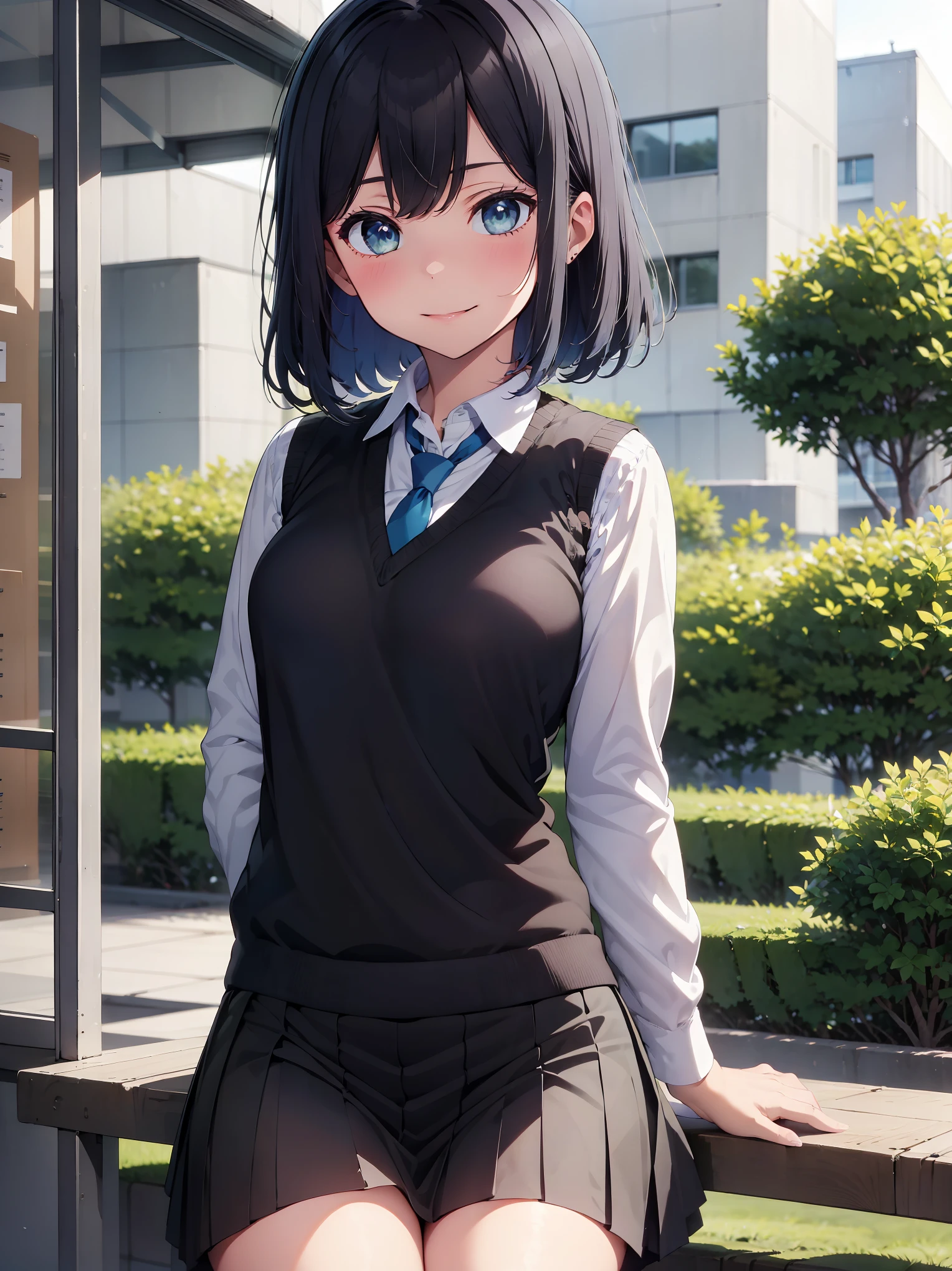 (masterpiece, highest quality:1.2), 1 girl, alone, Akane Kurokawa, 1 girl, dark blue hair, medium hair, one length bob, Added bangs to add brightness to the face, Hair ends remain thick overall. , blue eyes, green eyes, school uniform, white shirt, collared shirt, vest, white shirt, sweater vest, black vest, blue tie, gray pleated skirt, smile, In a field of colorful flowers