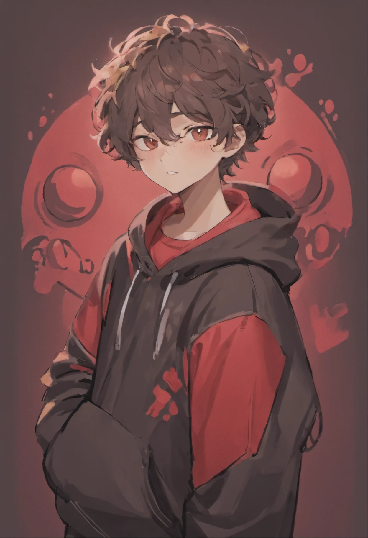 ((boy)),((dark brown light curly hair)), ((wearing grey hat)), ((hat type: bucket hat)), ((hat color: grey)), ((design on hat: simple white smiley face)), ((wearing grey bucket hat with a simple white smiley face )), ((brown hair)), ((race: Hispanic)), ((clothing: red hoodie)), ((wearing red hoodie)), ((nothing on red hoodie)), (( basic red hoodie)), ((pose: doing a peace sign with his hands)),((happy)), ((eyes closed)), ((smiling)), ((eyes closed because of smiling)), ((black pants)), ((gradient of red and black background))