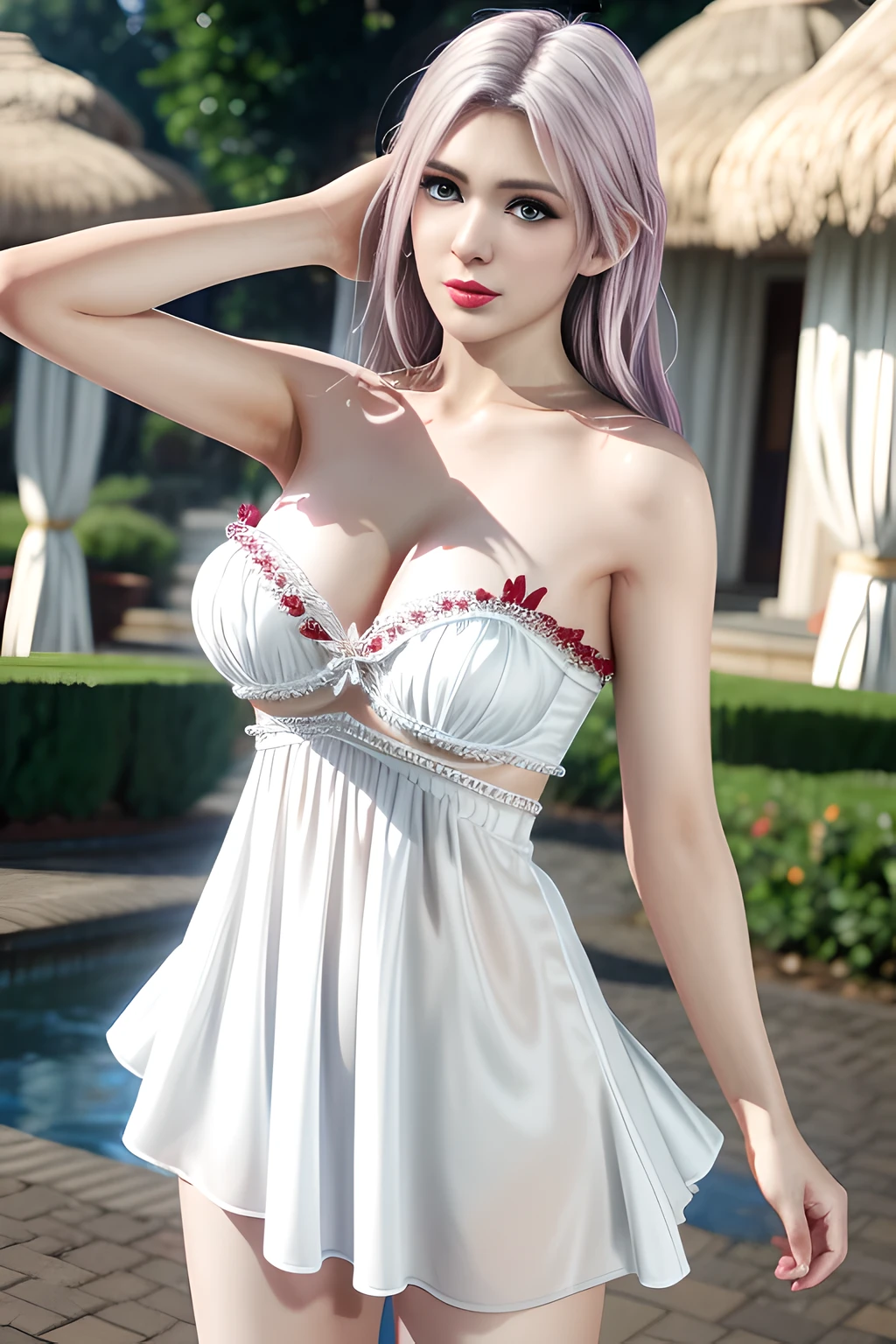 1 girl,Alice,(pajamas),(White strapless dress:1.4),outdoor,  (standing posture),grace,(((red lips))), Lips slightly open,  clavicle,Lactation,(huge breasts),shiny skin,((8k, original photo, top quality, masterpiece), HD RAW color photos professional close-up photos, (actual, photorealism: 1.37), (best quality),8k,Fabric luster,alone,