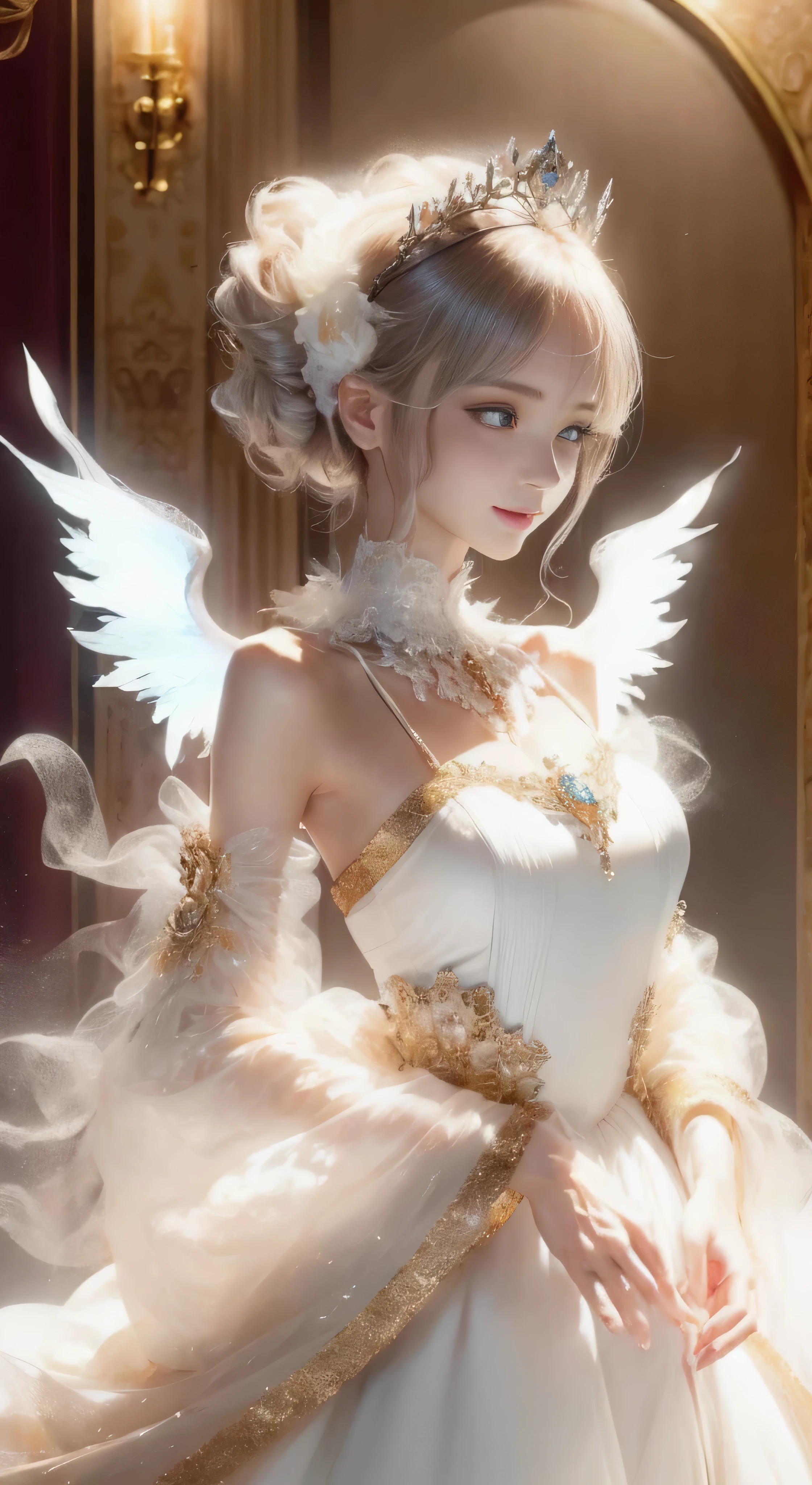 castle in the distance、face is in front、look at the camera、profile、8K、real photos、ultra high resolution, master parts, highest quality, ticker , cinematic images,nice girl、Ann、16talent、Annグロサクソン、double eyelid、droopy eyes、very big eyes、eyes are purple、dark eye shadow、lips are very thin、The tip of the nose grows beautifully...........、small nose,,,,, very detailed , silver hair、straight short hair、smile、 sweet expression 、)、very clear shadows , jewelry , fine eyes, extremely difficult, shiny skin , パーフェクトブリリAnnト, perfect sentence, dramatic shadow、white tiara on head、gold necklace around the neck、White aristocratic dress with gold embroidery、glass high heels、angel wings
