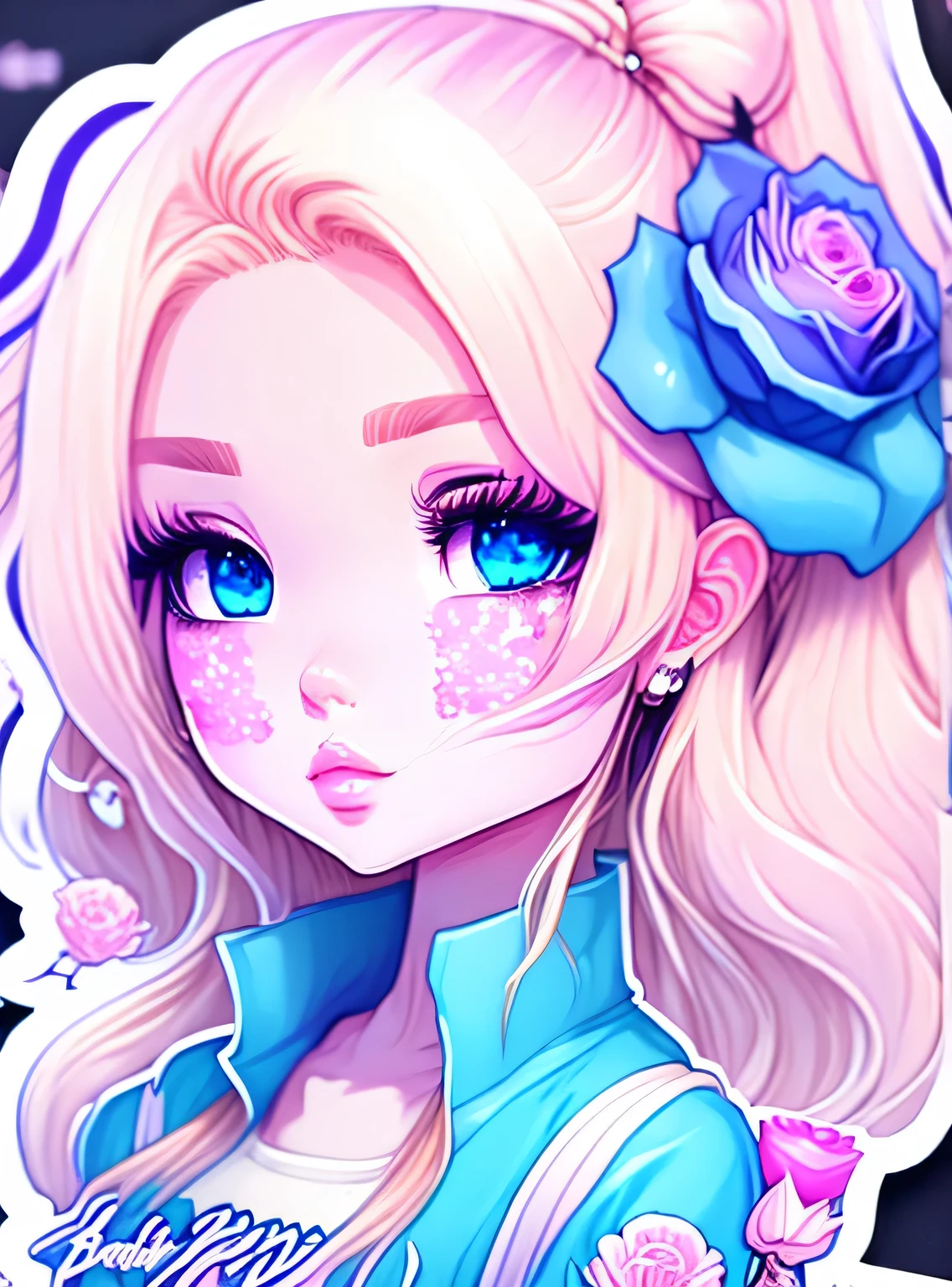 adesivos de anime Chibi Barbie , cabelo loiro longo, estilo vaporwave, rosas no cabelo, dark black eyelashes, olhos azuis, joias neon,digital illustration, comiс style, Anatomia perfeita, centrado, approaching perfection, dynamic, altamente detalhado, Pintura aquarela, Art Station, arte conceitual, suave, sharp focus, illustration, Arte por WLOP e Ross Tran ,