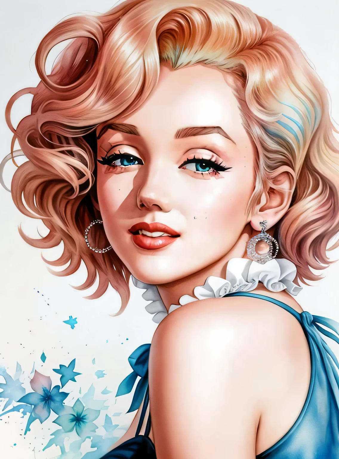 foto aproximada de Marilyn Monroe, Estilo Watrcolor, (Rosa) arte digital, arte oficial, Soprado pelo vento, obra de arte, Lindo, ((aquarela)), respingos de tinta, detalhe intrincado. Grande detalhe, [gotejamento:0.7], trends on artstation, Raquel Walker