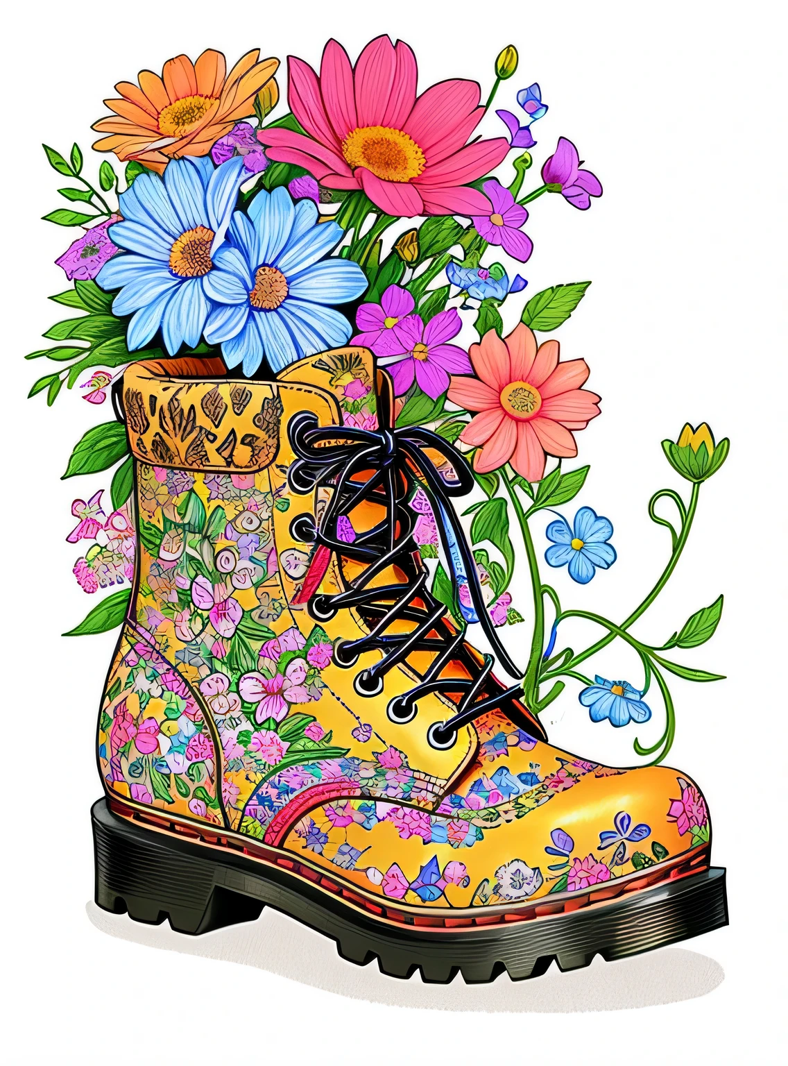 um close de uma bota com flores e uma casa, colorful digital illustration, colorful illustration, muito detalhado e colorido, arte digital altamente detalhada, arte detalhada fofa, arte caprichosa, arte mais detalhada, highly detailed illustration, botas doc marten, Direction: Arthur Adams, Direction: John Backderf, ricamente detalhado colorido, por Randy Post, altamente detalhado e colorido