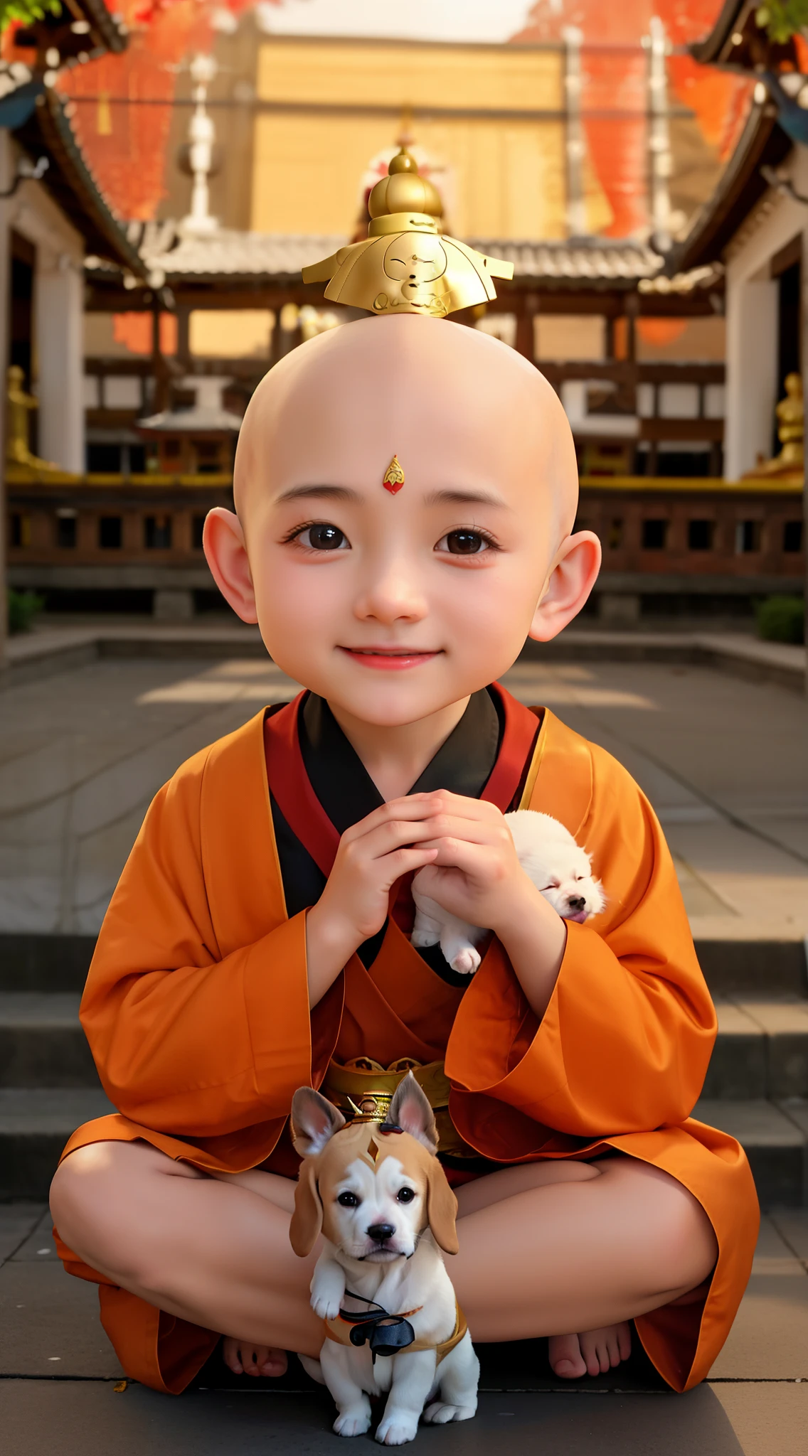 Little bald monk wearing a Buddhist hat,The hat has a large Buddha character engraved on it..,There's a cute puppy between my feet
