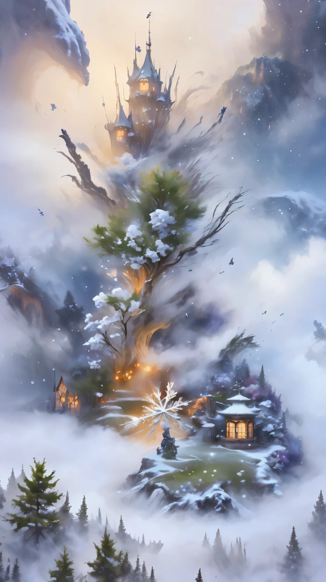 Princess的脸出现在空中，Winter scenery，Surreal wonderland，Dreamy cloud and fairy island，(big snowflake:1.3)，五颜六色的big snowflake飞舞着，Princess&#39;The palace is covered with snow，The tree of life blooms with endless vitality，Twinkling stars in the night sky，Overlapping clouds and fog，Whimsical fantasy landscape art, Beautiful Art Ultra HD 8K, 8k highly detailed digital art, Beautiful and detailed fantasy, Epic fantasy landscape, Mysterious and dreamy scenery, Magic fantasy is very detailed, magical scenery, 由big snowflake和梦幻漂浮的仙女岛组成, Detailed fantasy digital art, 8k detailed digital art