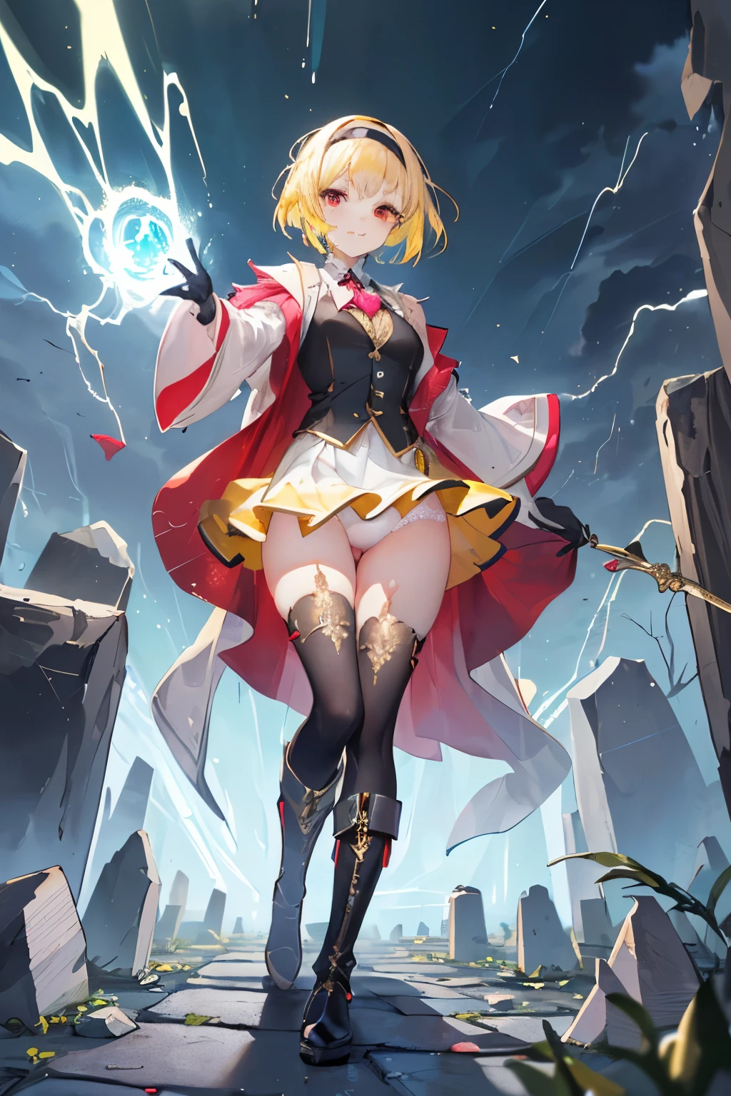 (((1girl))), ((best quality)), ((masterpiece)), ((ultra-detailed)), (illustration), (detailed light), (an extremely delicate and beautiful), (beautiful detailed eyes), (sunlight), ((extremely light)), ((extremely clothes)), (((hyper detail))),(((((front lighting))))),(((((front light))))),
((((quite adorable and sexy Wizard's robe with a blous, vest and a brief skirt and magical hairband))), (((Expert Wizard))),
,
(((wavy short manish bob))), ((((yellow gold hair)))), (((short hair))),
(((deep red eyes))),
((((whole body)))), aged 14 to 16, ((((())))), ((((very adorable young girl)))),
((condescending expression)), ((mischievous smile with sexual satisfaction)), (((extra adorable))), (((((extra slender shape))))),
(((((extremely beautiful detailed face))))),
(((dynamically and bravely standing and attacking enemies by a spell of storm of stones))), (((elegant magic boots))), (((surrounded by storm of stones))),
(Dutch angle), (((elegant magic gloves))), ((transparent magical underskirt)), a little bit exposed adorable magical panties