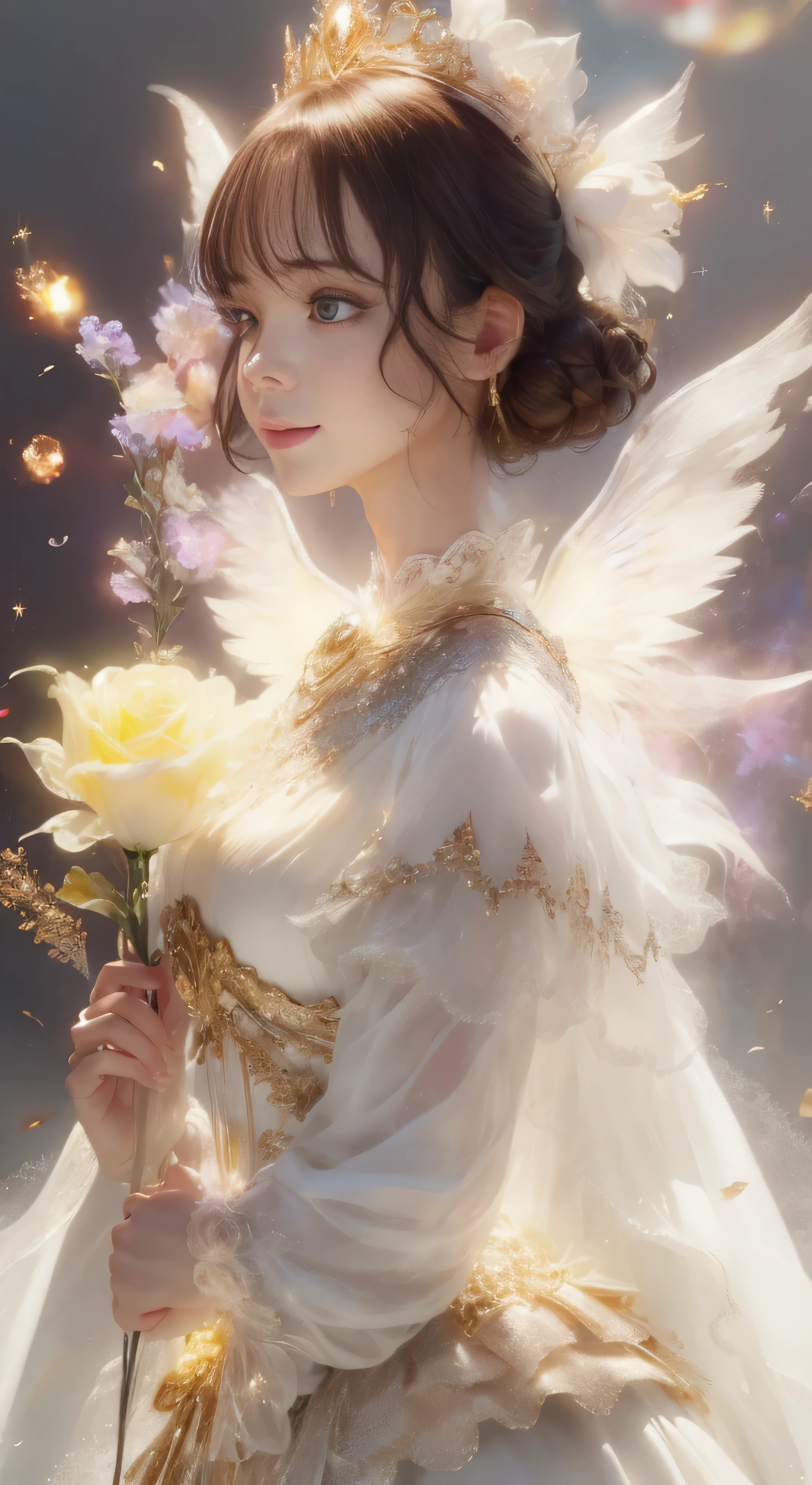 castle in the distance、face is in front、look at the camera、profile、8K、real photos、ultra high resolution, master parts, highest quality, ticker , cinematic images,nice girl、Ann、１６talent、Annグロサクソン、double eyelid、droopy eyes、very big eyes、eyes are purple、dark eye shadow、lips are very thin、The tip of the nose grows beautifully...........、small nose,,,,, very detailed , silver hair、straight short hair、smile、 sweet expression 、）、very clear shadows , jewelry , fine eyes, extremely difficult, shiny skin , パーフェクトブリリAnnト, perfect sentence, dramatic shadow、white tiara on head、gold necklace around the neck、White aristocratic dress with gold embroidery、glass high heels、angel wings