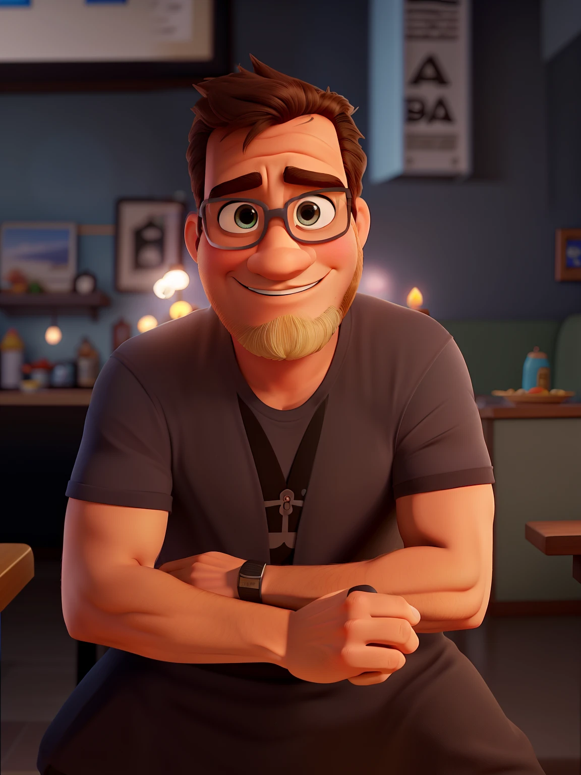 Poster no estilo Disney pixar, alta qualidade, melhor qualidade, homem sexy branco, 30 anos cabelo grisalho barba preta, musculoso, com fundo em um restaurante a luz de velas
