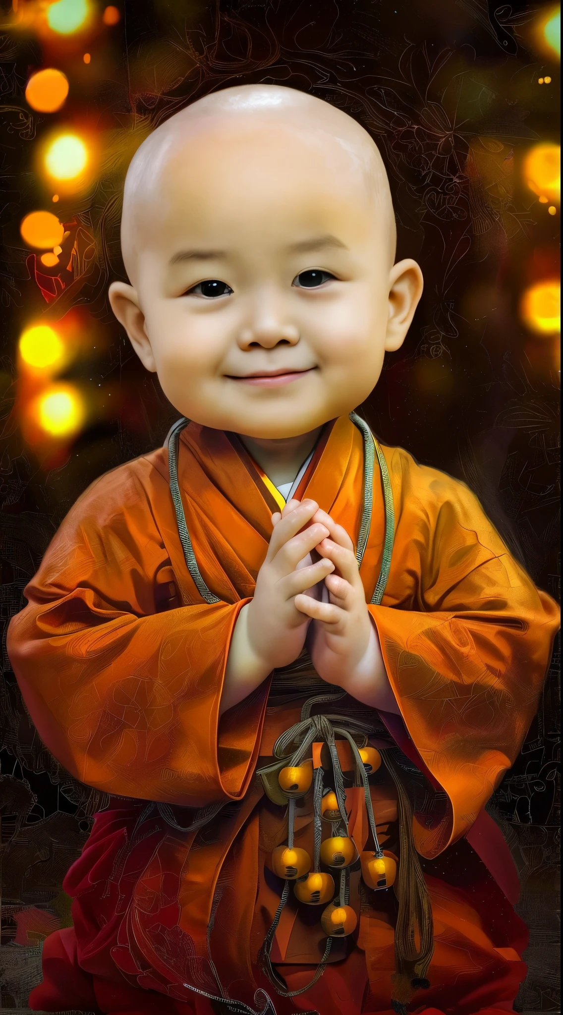 2 year old Chinese  monk，His hands folded，sitting cross-legged，orange monk&#39;s robe，perfect facial features，put a face to the viewer，with black background，Ultra-clear image quality，Surreal style of life and living，9:16 scale