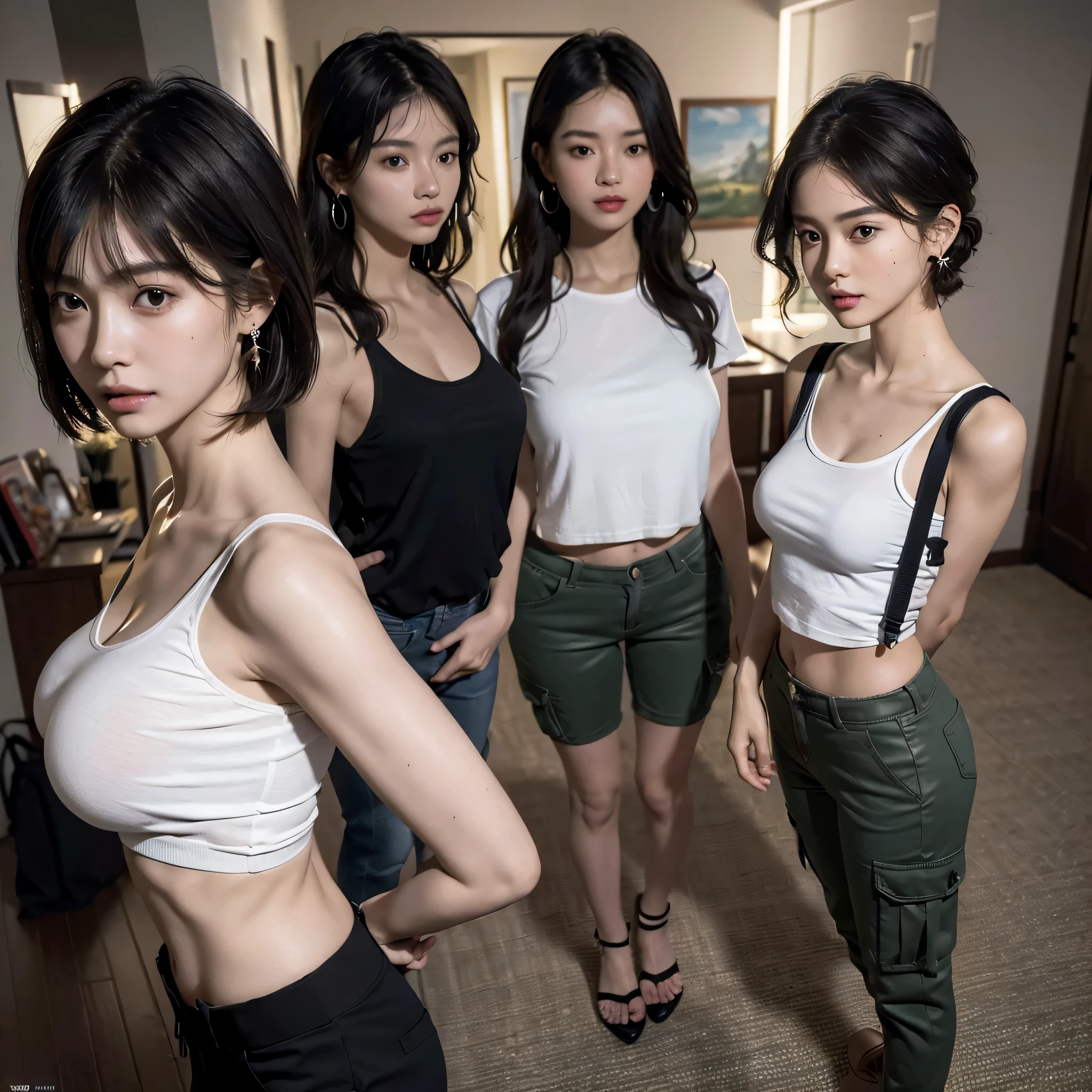 (disorganized, RAW photo, very delicate and beautiful, masterpiece, highest quality, ultra high resolution, 16k, surreal, super detailed, perfect anatomy, super dense skin, perfect figure:1.2), Highly detailed CG 8k wallpaper, 20's, very slim body, (tight waist:1.2), very small head, very small face, delicate features, tearful mole, earrings, thin legs, (very huge round breasts:1.2), (3 girls:1.3), full body shot, short hair, wavy hair, T-shirt, cargo pants,