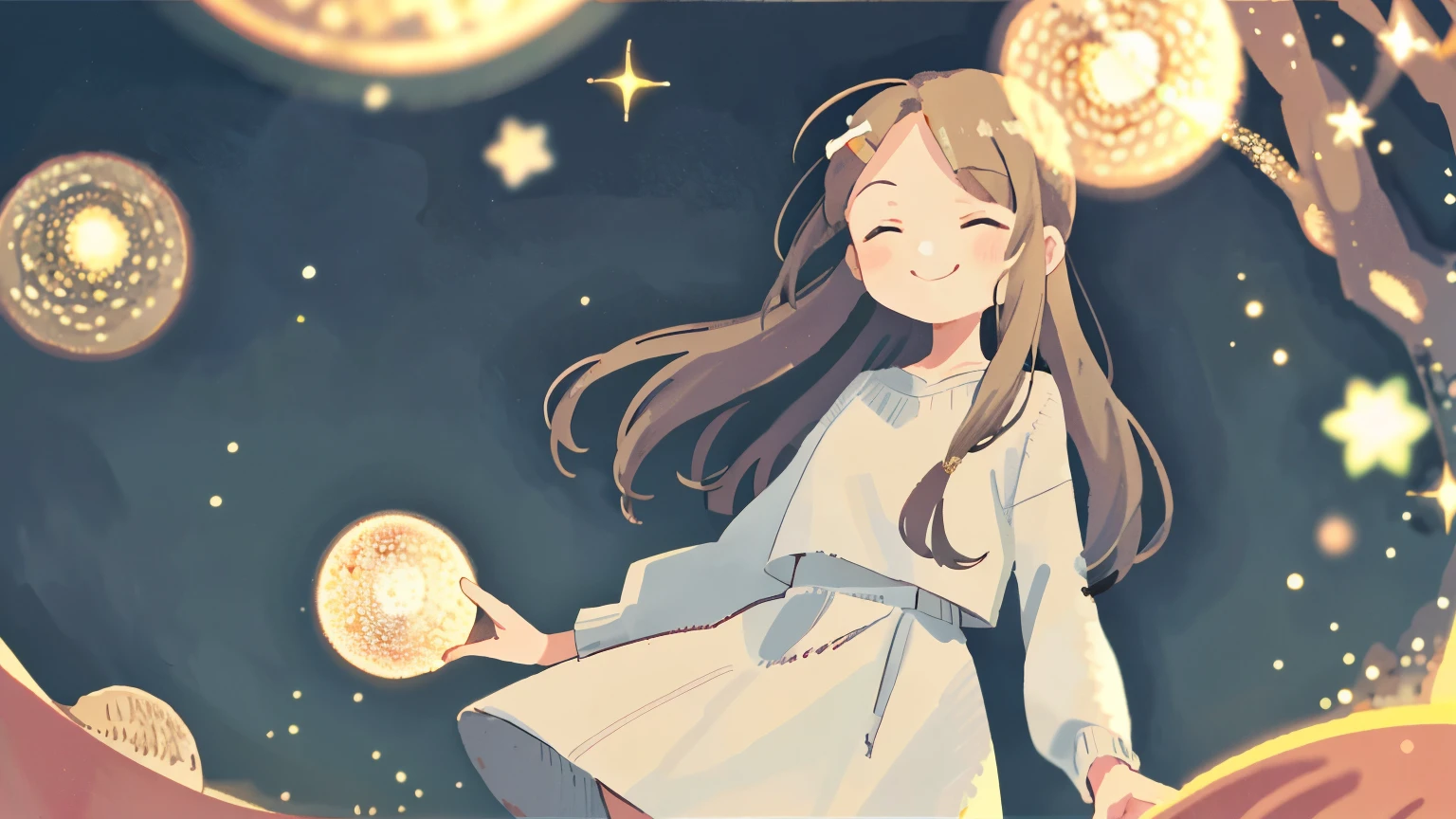 1girl, closed eyes, smiling, brown shoulder length hair, blonde tips,, brown hair, multicolored hair, brown hair, light brown hair, parted bangs, side swept bangs, shiny hair, hairclip, hair flower, motion blur, sparkle, blurry, blurry foreground, wide shot, award winning, high quality, 1080P, HD, 4K, cute, moe