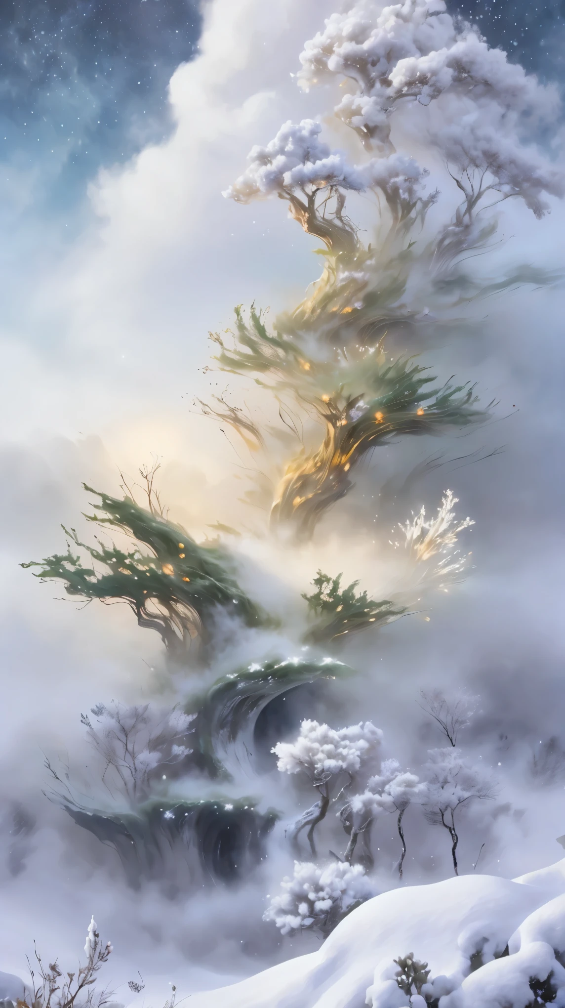 Princess的脸出现在空中,Winter scenery,Surreal wonderland,Dreamy cloud and fairy island,(big snowflake:1.3),五颜六色的big snowflake飞舞着,Princess'The palace is covered with snow,The tree of life blooms with endless vitality,Twinkling stars in the night sky,Overlapping clouds and fog,Whimsical fantasy landscape art, Beautiful Art Ultra HD 8K, 8k highly detailed digital art, Beautiful and detailed fantasy, Epic fantasy landscape, Mysterious and dreamy scenery, Magic fantasy is very detailed, magical scenery, 由big snowflake和梦幻漂浮的仙女岛组成, Detailed fantasy digital art, 8k detailed digital art