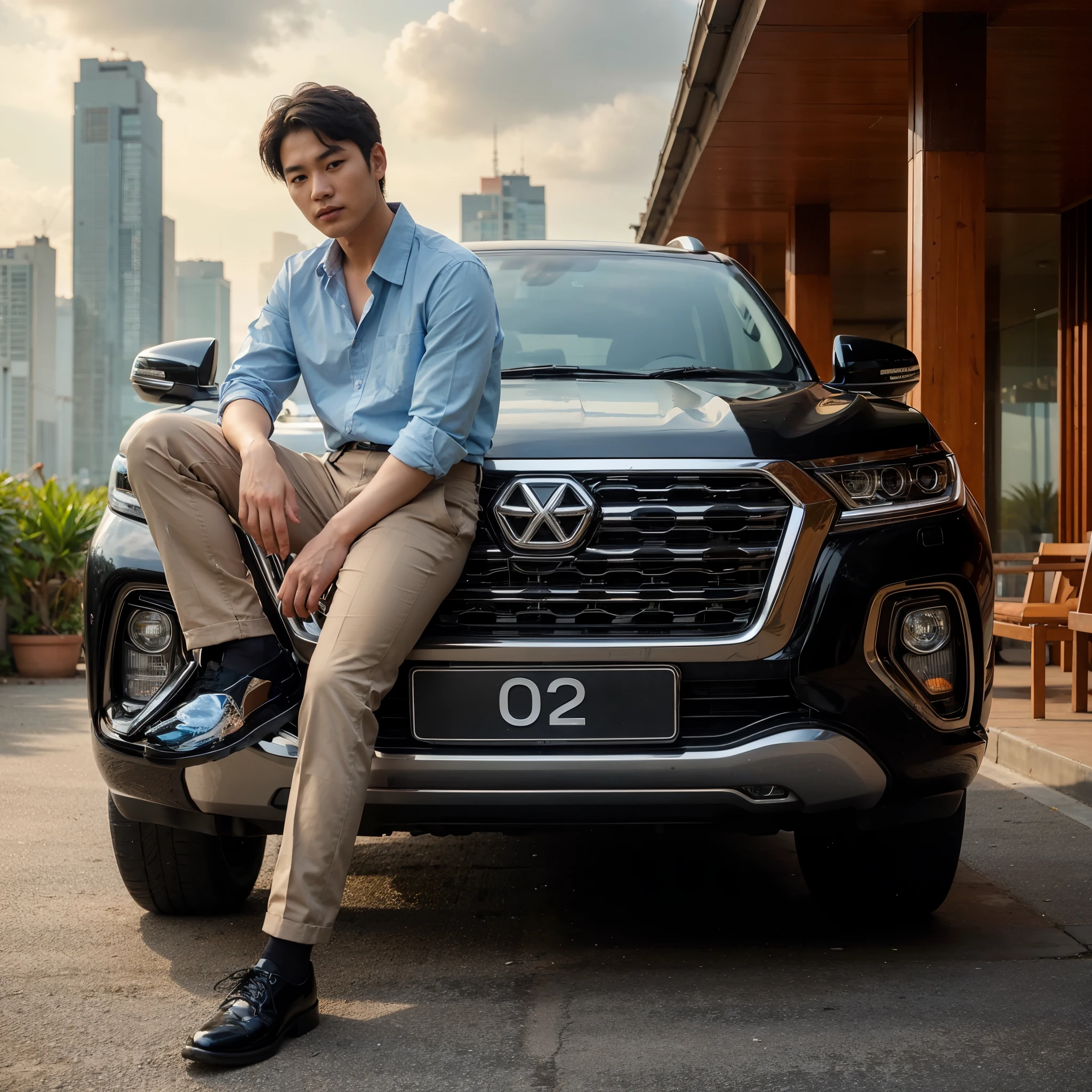 Photo realistic of a 25 year old Korean man wearing a sky blue shirt, khaki ankle pants, shiny black shoes, sitting elegantly on a black Fortuner car, the car's number plate reads "02". realistic, hyperrealistic, 8K, Ultra HD
