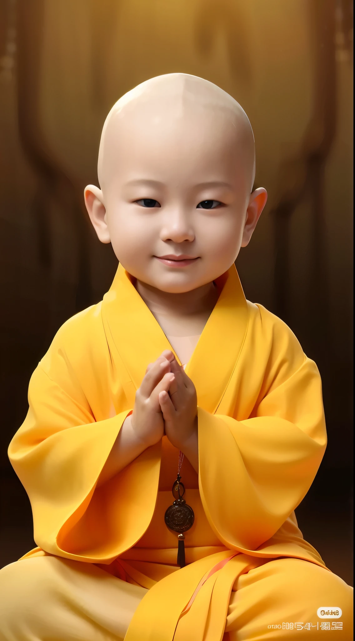 Alafard  sitting on wooden floor in yellow gown, yellow gown, yellow gown, with yellow cloths, buddhism도, buddhist monk, monk clothes, Jan, Dressed in simple robes, monk, hand of blessing, adorable digital painting, He is giving you a warm welcome, children, Beautiful Ruan Jia!, buddhism, portrait of monk, Yan Juncheng, portrait photography