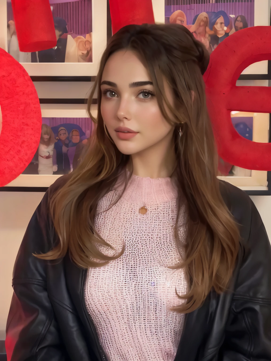 A woman in a pink sweater and a black jacket posing for a photo., Ana de Armas, portrait of Ana de Armas, Ana de Armas portrait, Retrato de Sophie Mudd, julia sarda, brunette with dyed blonde hair, violeta myers, olivia culpo, valentina remover, inspired by Gina Pellón, foto de la bella gal gadot