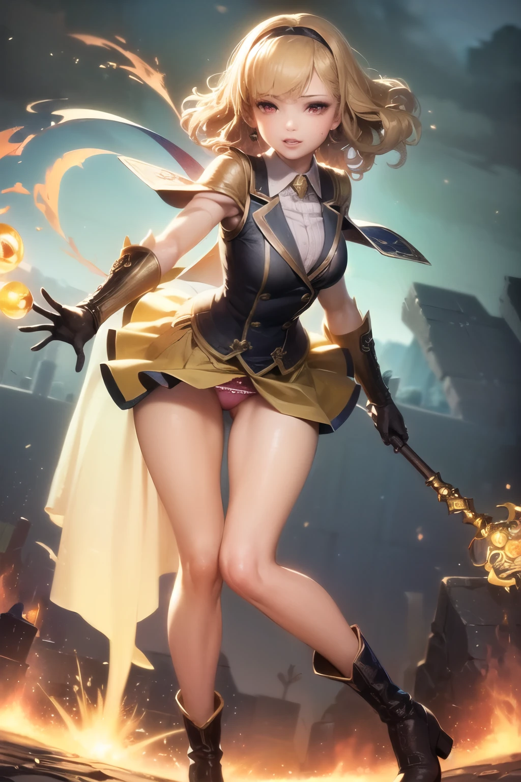(((1girl))), ((best quality)), ((masterpiece)), ((ultra-detailed)), (illustration), (detailed light), (an extremely delicate and beautiful), (beautiful detailed eyes), (sunlight), ((extremely light)), ((extremely clothes)), (((hyper detail))),(((((front lighting))))),(((((front light))))),
((((quite adorable and sexy Wizard's robe with a blous, vest and a brief skirt and magical hairband))), (((Expert Wizard))),
,
(((wavy short manish bob))), ((((yellow gold hair)))), (((short hair))),
(((deep red eyes))),
((((whole body)))), aged 14 to 16, ((((())))), ((((very adorable young girl)))),
((condescending expression)), ((mischievous smile with sexual satisfaction)), (((extra adorable))), (((((extra slender shape))))),
(((((extremely beautiful detailed face))))),
(((dynamically and bravely attacking enemies by a spell of storm of stones))), (((elegant magic boots))), (((surrounded by vast stones))),
(Dutch angle), (((elegant magic gloves))), ((transparent magical underskirt)), a little bit exposed adorable magical panties