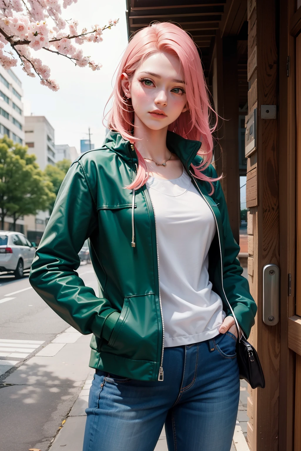 (best quality:1.4), (unvergleichliches Meisterwerk), (Ultra high resolution), (Ultra realistisch 8k CG), (fotorealistisch:1.4), upper body, realistisch, Filmisches Licht,  girl, (1 girl), Allein, Sakura Haruno, Sakura Naruto, coole Pose, perfect body, green eyes, pinkes Haar, sexy Oberteil, kurze Hose, Hands in your pockets