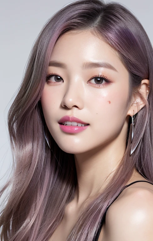 realistic, one korean model, shoulder length wavy hair,  Lavender ash hair color, hair model, Unique hair details,  transparent iridescent reflective fashion, Near future , double eyelid, mole under eye, plump magenta lips, professional makeup, happy smile with sharp teeth, Shoulder-length silver earrings,hyper resolution, chocker

